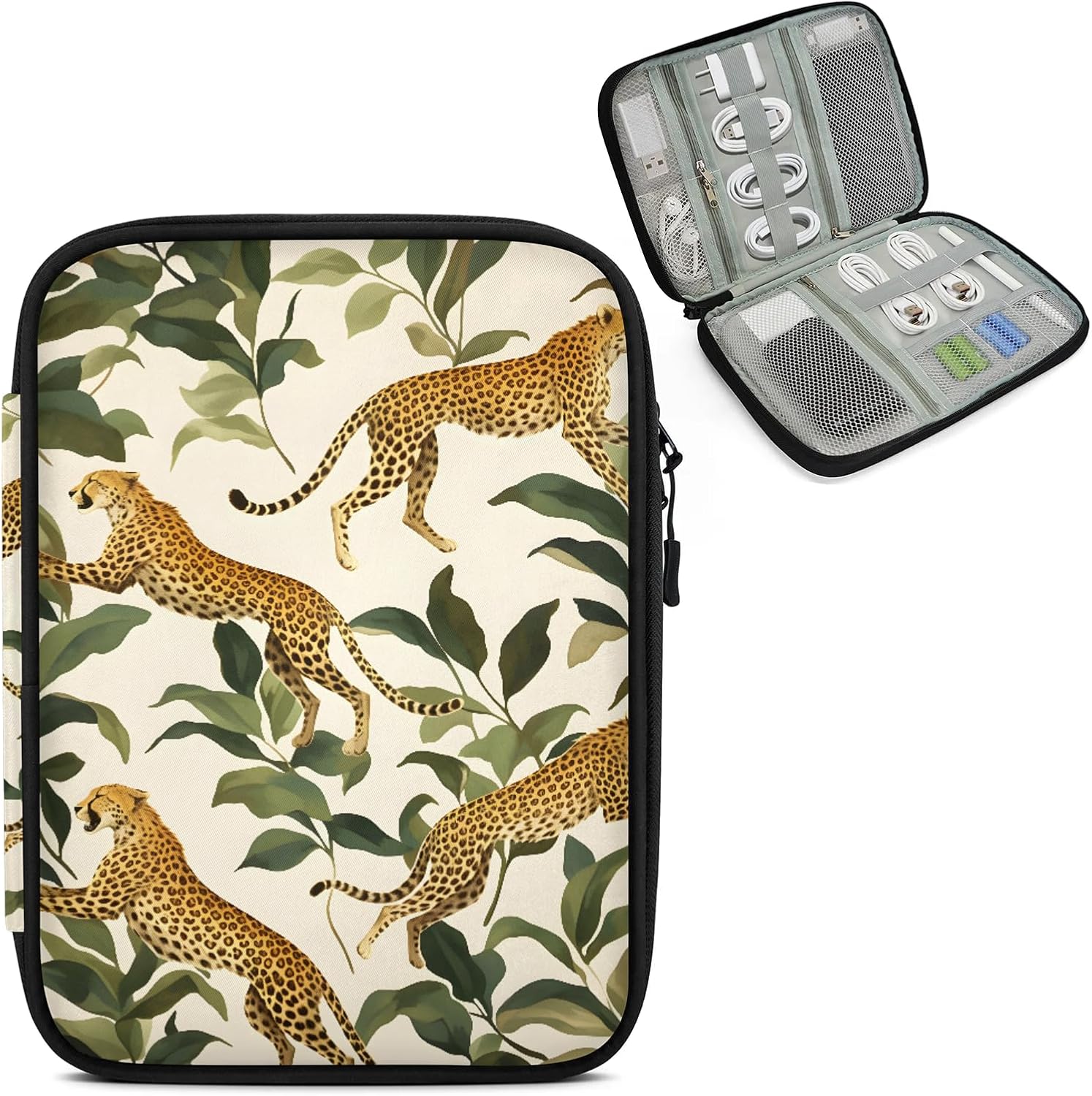 Leopard Leaves Travel Electronic Organizer Case, Slim Cable Management Bag for Game Console & Accessories, Portable Double Zipper Pouch with Mesh Pockets & Elastic Straps