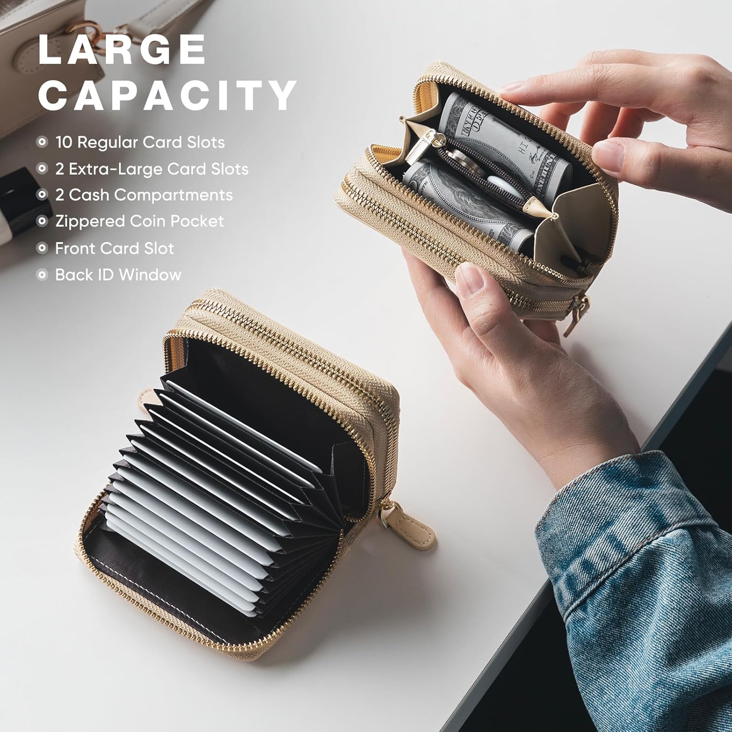 Vulkitty Zipper Credit Card Holder for Women, Leather RFID Blocking Card Wallet, Card Case for Female, Ladies Wallet with Zip Coin Pocket, Champagne Gold - Image 3