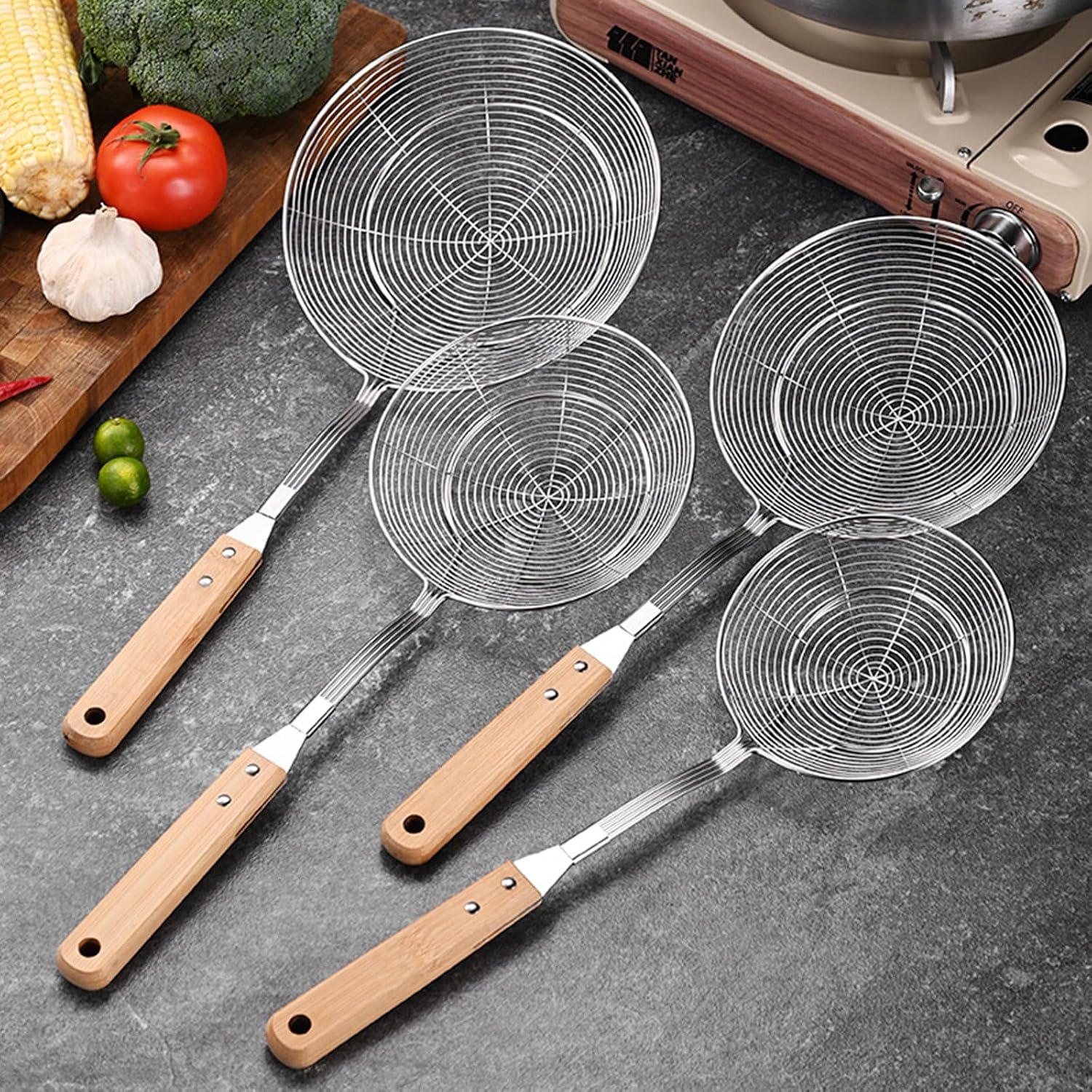 Stainless Steel Spiders Strainer Skimmer Spoon With Wood Handle For Frying And Cooking Kitchen Utensils