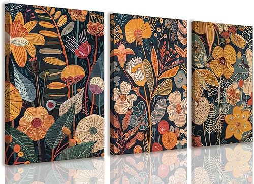 Miniatura 1 de TBKHUDBI Arte de pared en lienzo floral naranja quemado, decoración de pared moderna de mediados de siglo, impresiones de cuadros de flores de