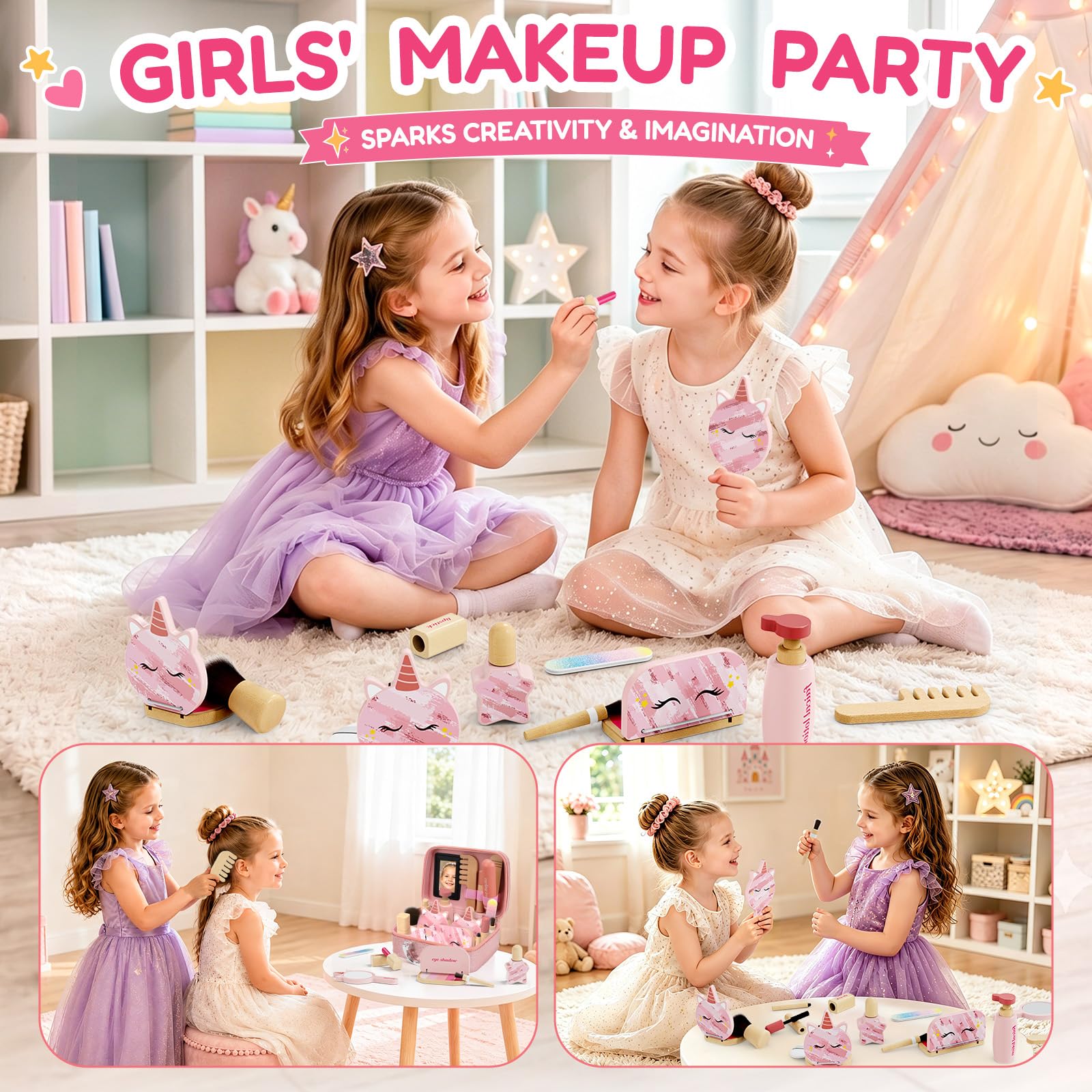 Set da trucco in legno per giochi di finzione per bambini da 1 a 3 anni