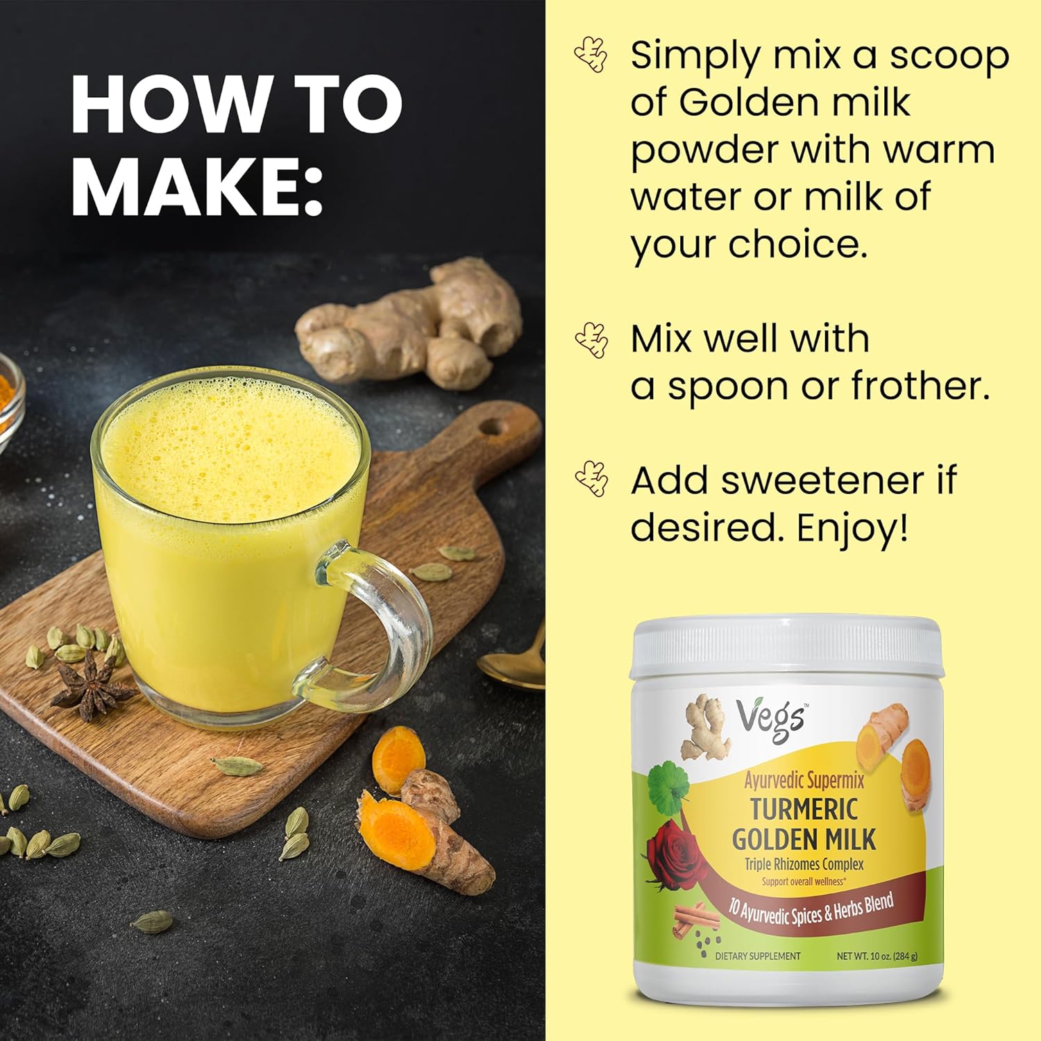 Turmeric Golden Milk Powder (150 Servings) - Ayurvedic Triple Rhizomes Spice Mix, Organic Turmeric Golden Latte with Ginger, Rose, Cinnamon, Ashwagandha for Immune, Focus, Cognitive - 10 oz - Image 8