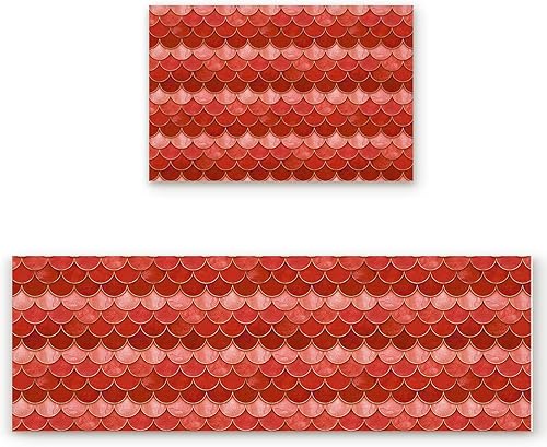 Kitchen Rug Mats Set of 2 Piece Red Fish Scales Non Slip Cushioned Rug Ombre Watercolor Fish Tail Anti-Fatigue Washable Comfort Floor Mat Carpets