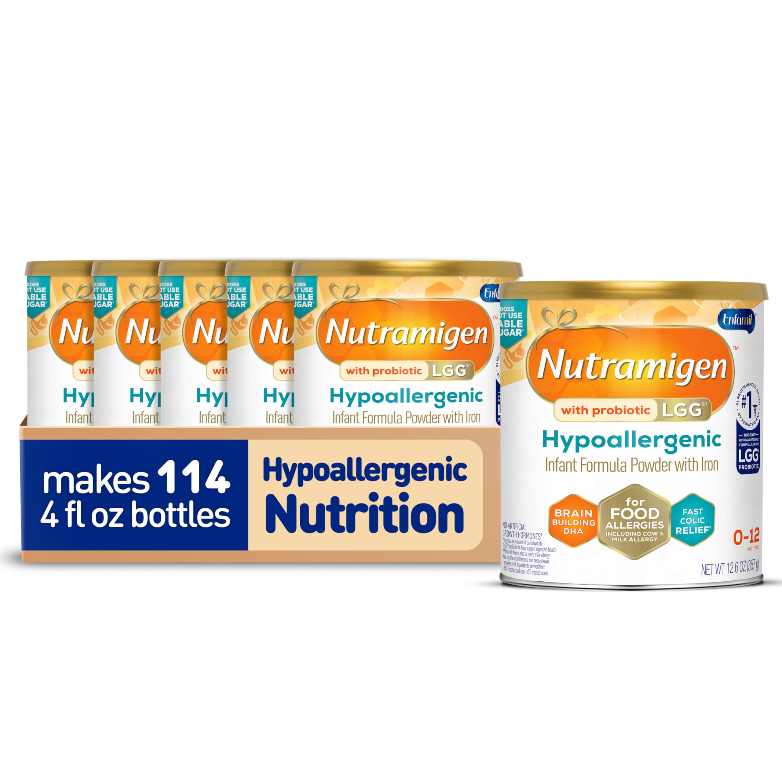 Enfamil Nutramigen Hypoallergenic Baby Formula with Iron, Lactose Free, Colic Relief from Cow's Milk Allergy Starts in 24 Hours, Brain Building DHA, Probiotic LGG for Immune Support, 12.6 Oz Can, Pack of 6