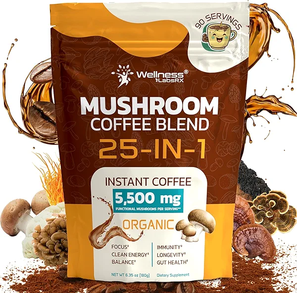 Mushroom Coffee Organic Instant Coffee, 25-in-1, Third-Party Tested Keto Friendly Lions Mane Supplement with Functional Mushrooms – Shiitake, Reishi, Lion’s Mane & More | Smooth, Rich Flavor - 90 Servings