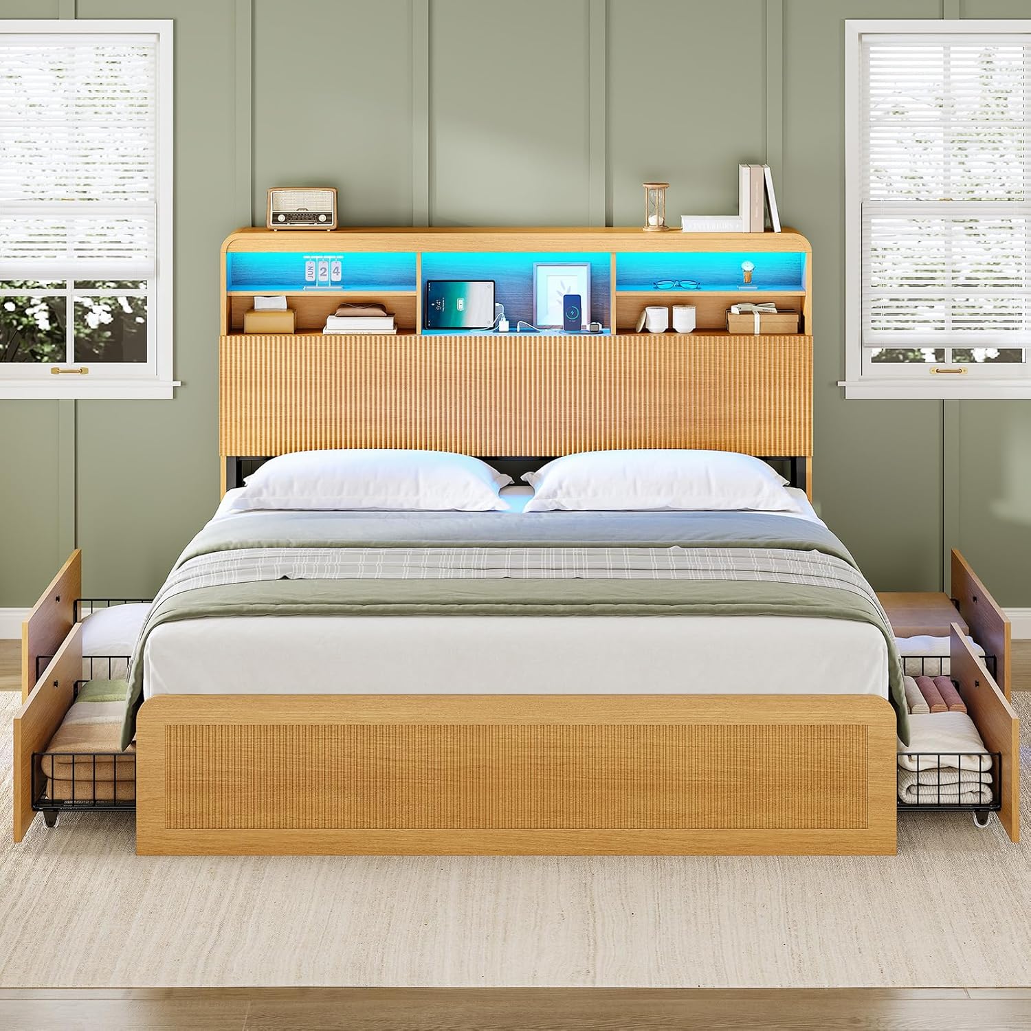 AOGLLATI Queen Bed Frame with 4 Storage Drawers and Hidden Storage Headboard, Wood Led Fluted Bed Frame Queen Size with Charging Station and Curved Profile Design, No Box Spring Needed, Wood