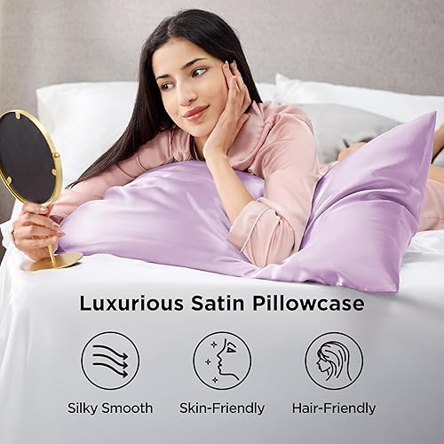 Vista 172 de Bedsure Juego de 2 fundas de almohada de satén tamaño King, fundas de almohada sedosas color verde azulado para cabello y piel con cierre de sobre
