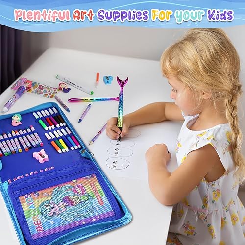 Miniatura 5 de JAMIEWIN Juego de marcadores con estuche de sirena con purpurina, 73 piezas de suministros de arte y manualidades para niños, regalos de sirena para