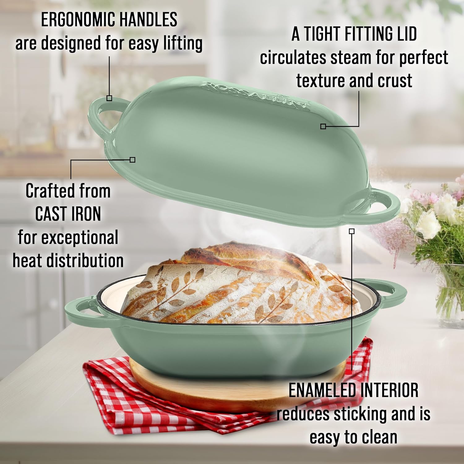 Signature Enameled Cast Iron Sourdough Bread Oven | Non-Stick with Tight Fitting Lid for Perfect Baking and Bread Making | 2QT Oval Oven With Lid [Sage Green] - Image 4