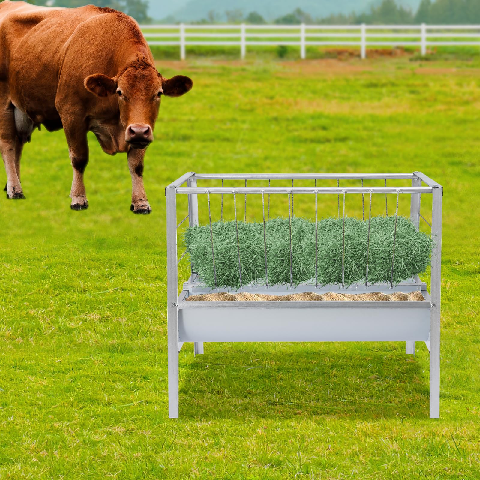 Gran comedero para ganado grande, 2 en 1, heno y alimentador automático de cereales, comedero de doble cara sin desperdiciar comida, alimentador automático, adecuado para caballos, ganado y cabra (200