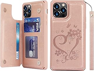 iCoverCase for iPhone 12 Pro Max Wallet Case with Card Slots Holder and Wrist Strap [RFID Blocking] Embossed Leather Kickstand Magnetic Clasp Shockproof Cover 6.7 Inch (Heart Rose Gold)
