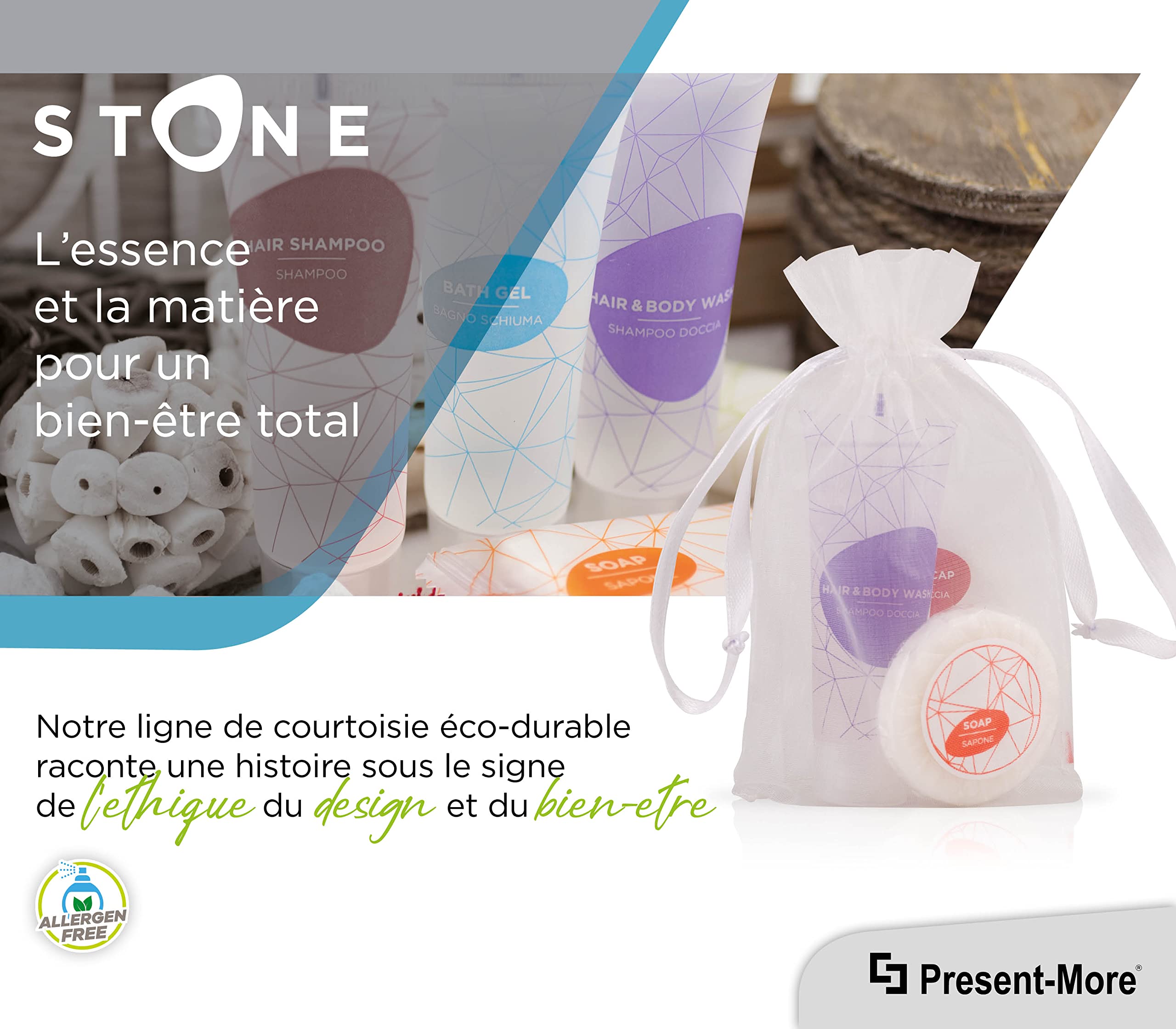 Present-More Amenities Kit Stone - Prestige Kit Toilettenartikel 50 Gäste für Hotels und B&B | Allergenfreie Amenities Kit mit Duftnote Relaxing