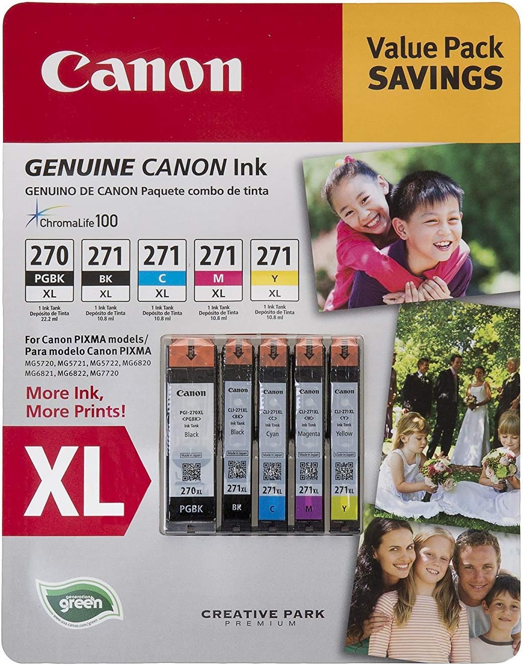 Canon PGI-270XL, CLI-271XL C/M/Y/K Ink Cartridges Value Pack (5 Cartridges)