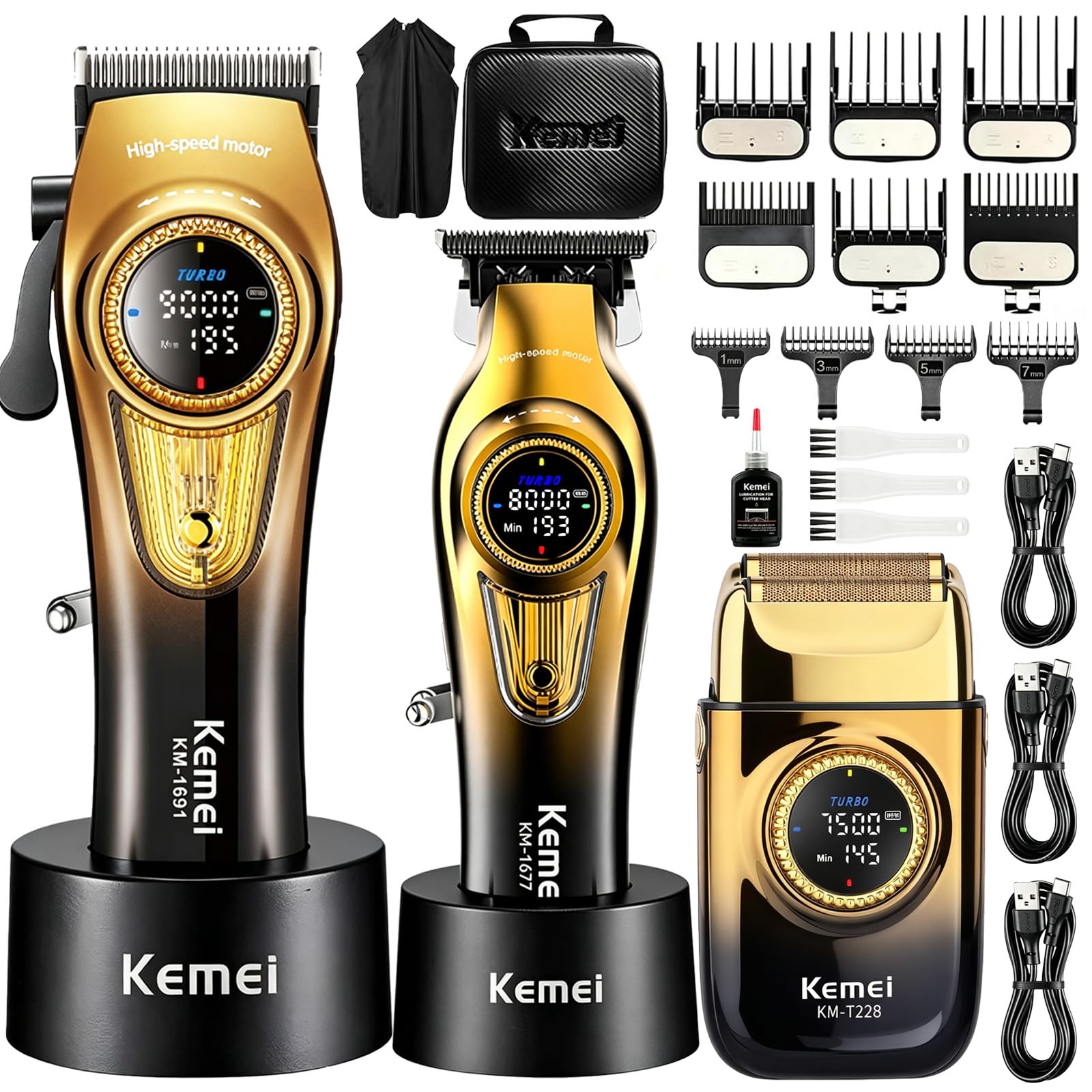 Professional 3-in-1 Hair Clippers for Men, Cordless Barber Grooming Kit with Hair Trimmer, Electric Shaver, Guide Combs & Replacement Heads, Rechargeable, Ideal Presents for Men