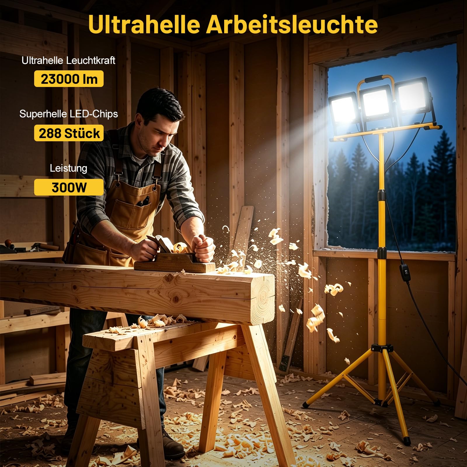 Yofuly 3x 100W LED Baustrahler mit Stativ, 23.000 LM LED Strahler Baustellenlampe, 160cm Höhenverstellbar, IP66 Wasserdicht, 5 M Kabel, LED Flutlicht für Baustelle, Werkstatt, Garage