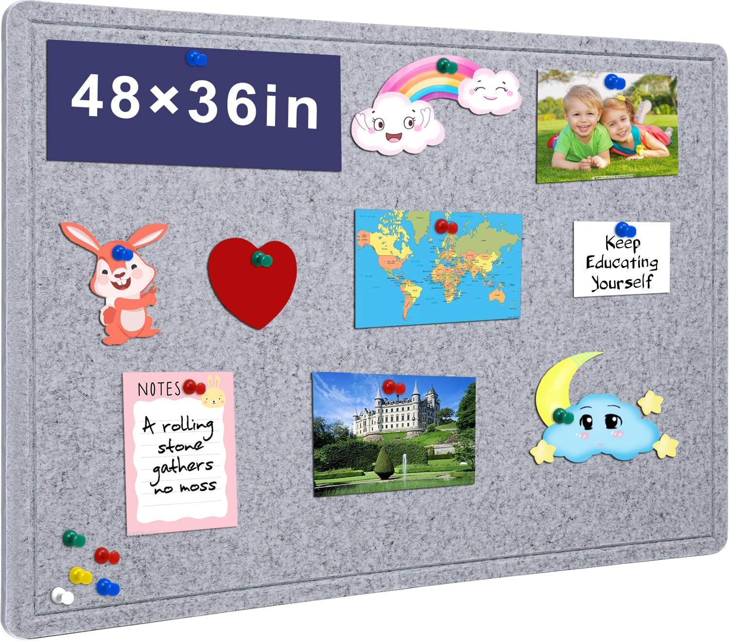 Large Bulletin Board - 48 X 36 inches Decorative Felt Pin Board - 4' x 3' Cork Board Alternative for Wall - Foldable Photo Board Self-Adhesive Vision Board Prayer Board with 30 Pushpins - Silver Gray Silver Gray 48 x 36inches