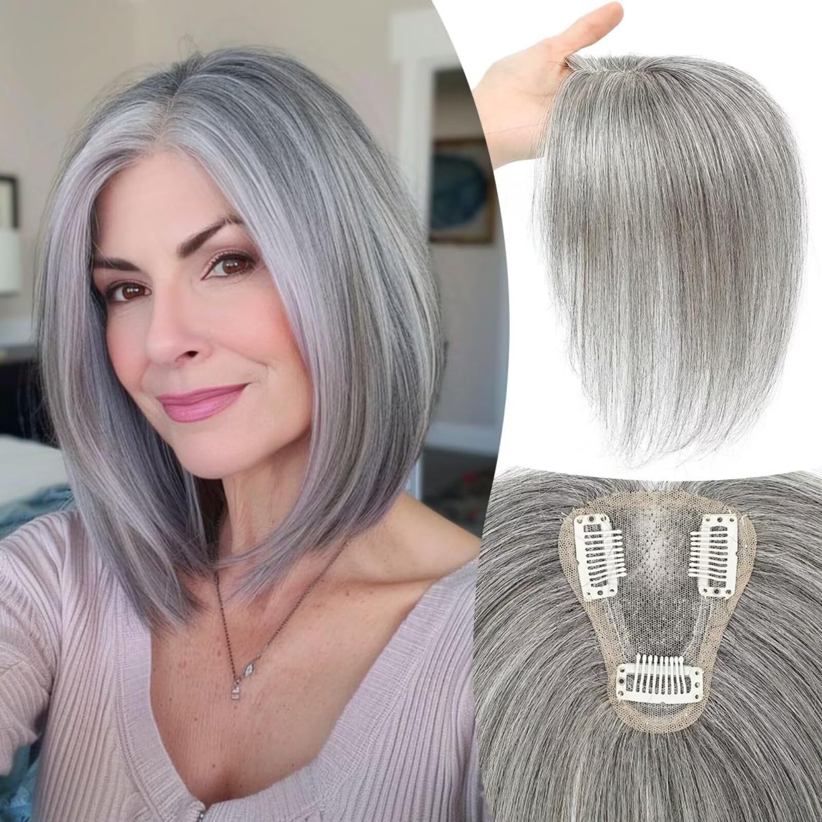 Haar-Topper für Frauen, 10 Zoll Echthaar-Topper mit dünner werdenden Haarteilen, 360°-Abdeckung 3D für Frauen mit Pony, Echthaar-Topper zur Abdeckung grauer Wurzeln
