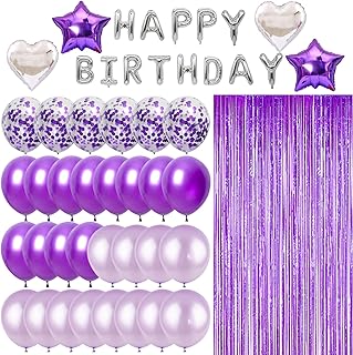 49pcs Purple Silver Birthday Decorations Party Supplies Set, Purple Balloons, Fringed Curtain and Silver 16inch Happy Brthday Banner for Birthday Party