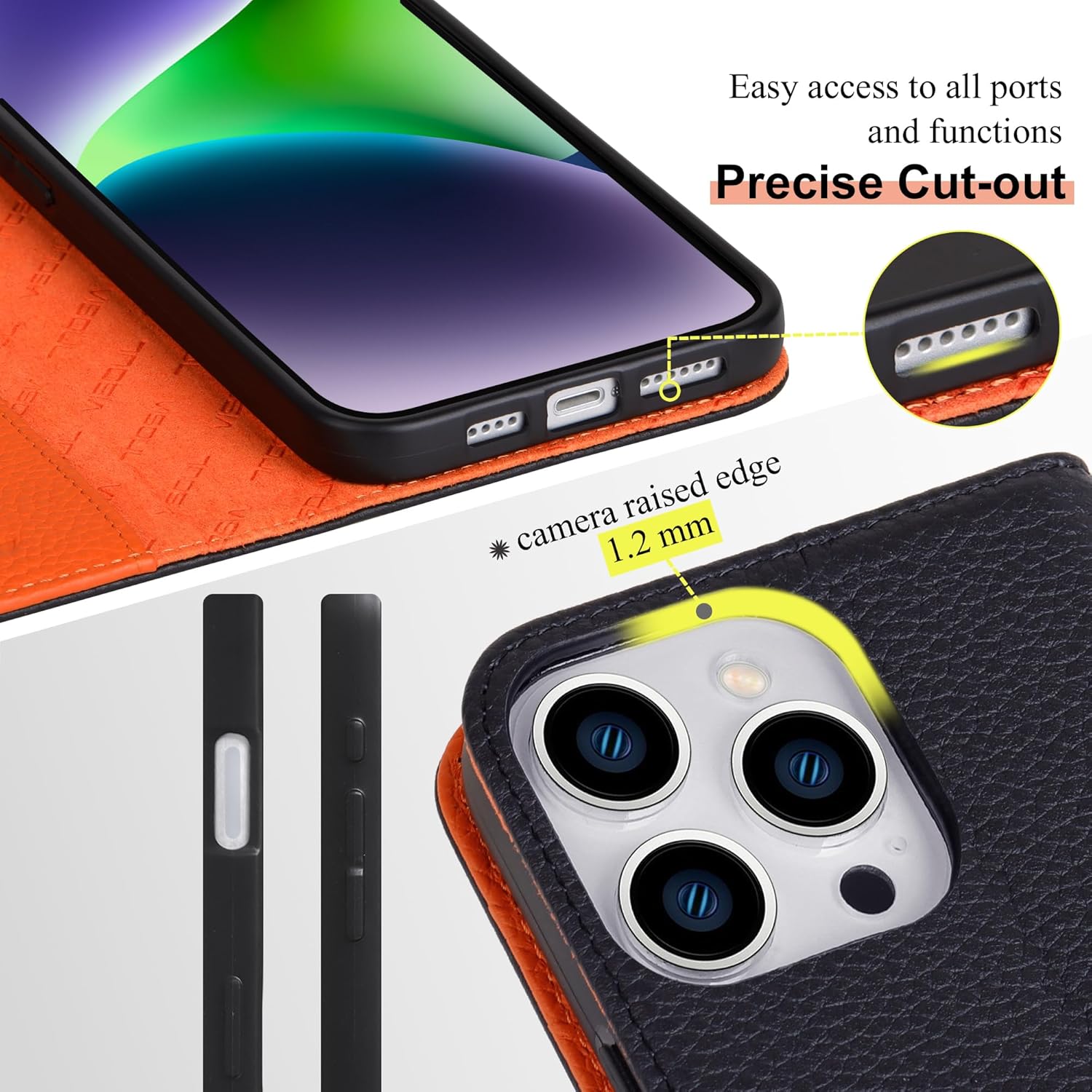 VISOUL Wallet Case for iPhone 16 Pro Max, Pebbled Genuine Leather Folio Case with Card Holder Kickstand Flip Cover Designed for iPhone 16 Pro Max(6.9 inch)-Black+Orange - Image 3