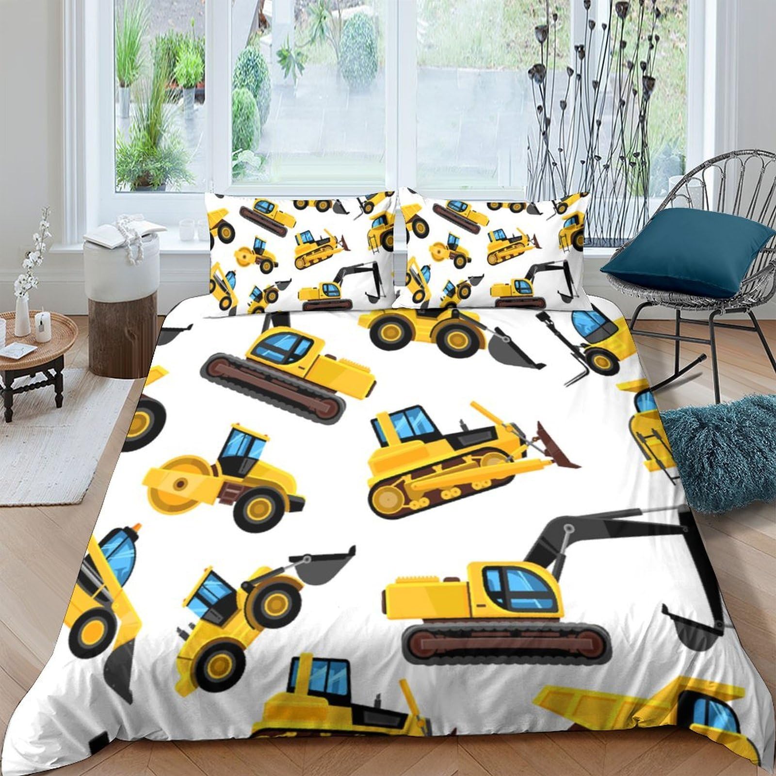GPLZQXKJNH 3D Printed Construction Vehicles Duvet Cover Microfiber Soft Breathable Excavator Bedding Set with 2 Pillowcases for Bedroom Decor Single（135x200cm）