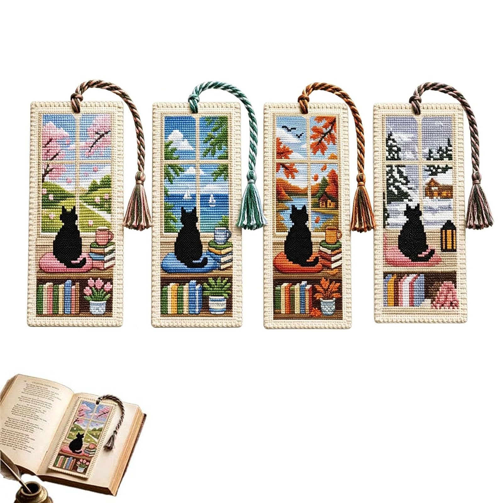 Seasonal Cat Cross Stitch Bookmark Kit for Adult Beginners, Cartoon Cat Embroidery Bookmarks, Black Cats Cross Stitch Bookmark Kit, Gift for Readers & Book Lover 1.6''x5.9'' (4set)