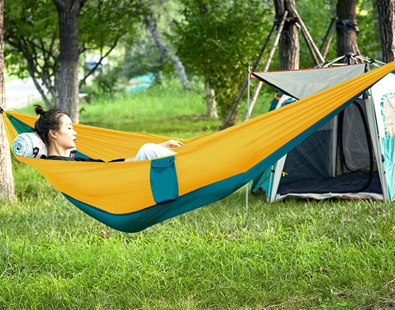 Hamak Ultralekki, Hammock 2.7 * 1.4 M Hamak Kempingowy Pojedynczy Hmocks Spadochronowy Do Pieszych Wędrówek Na Świeżym Powietrzu Podróży Z Plecakiem Nylon Huśtawka na Kemping, na Zewnątrz