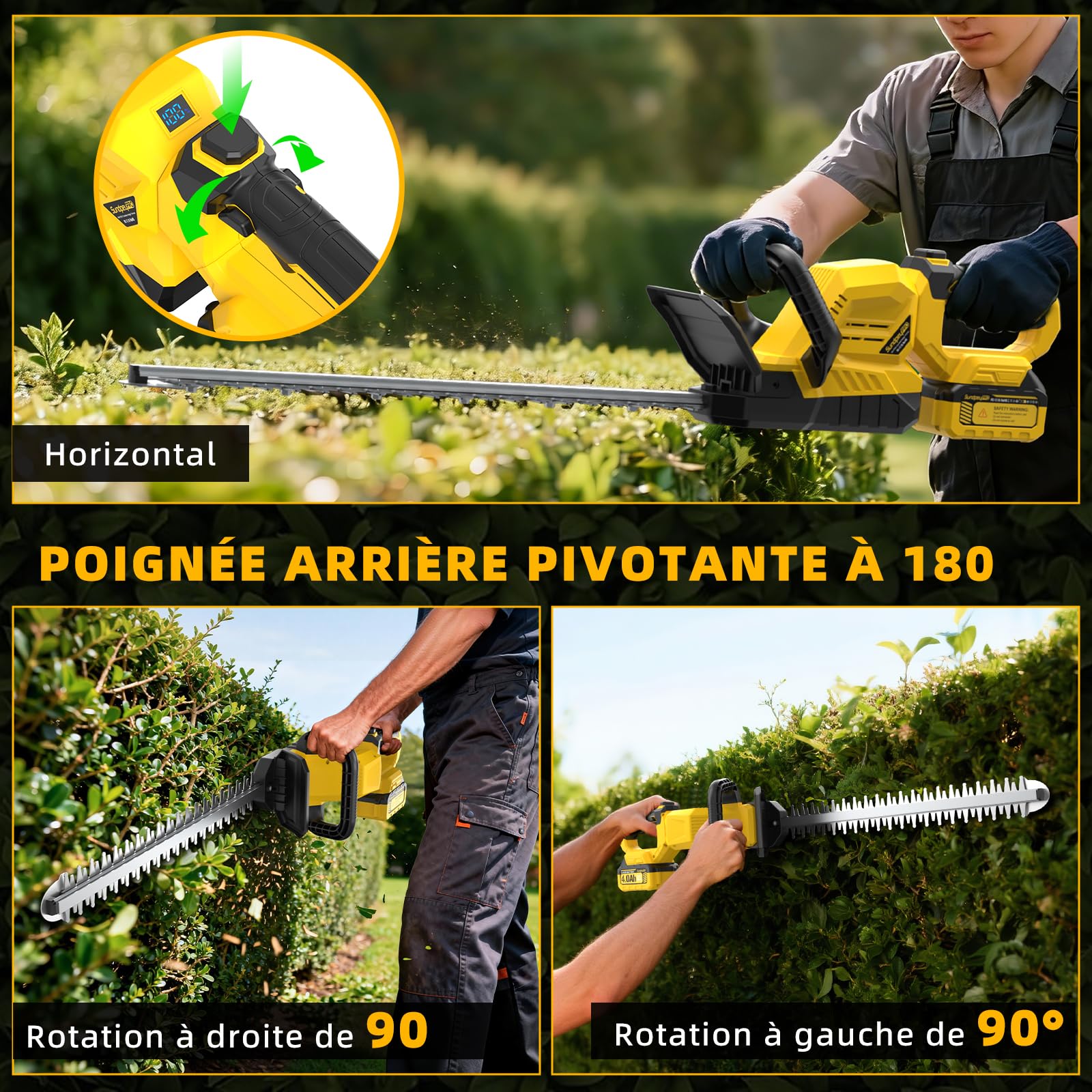 53CM Taille Haie Batterie avec 2 Batteries 4.0Ah & Poignée Pivotante à 180°