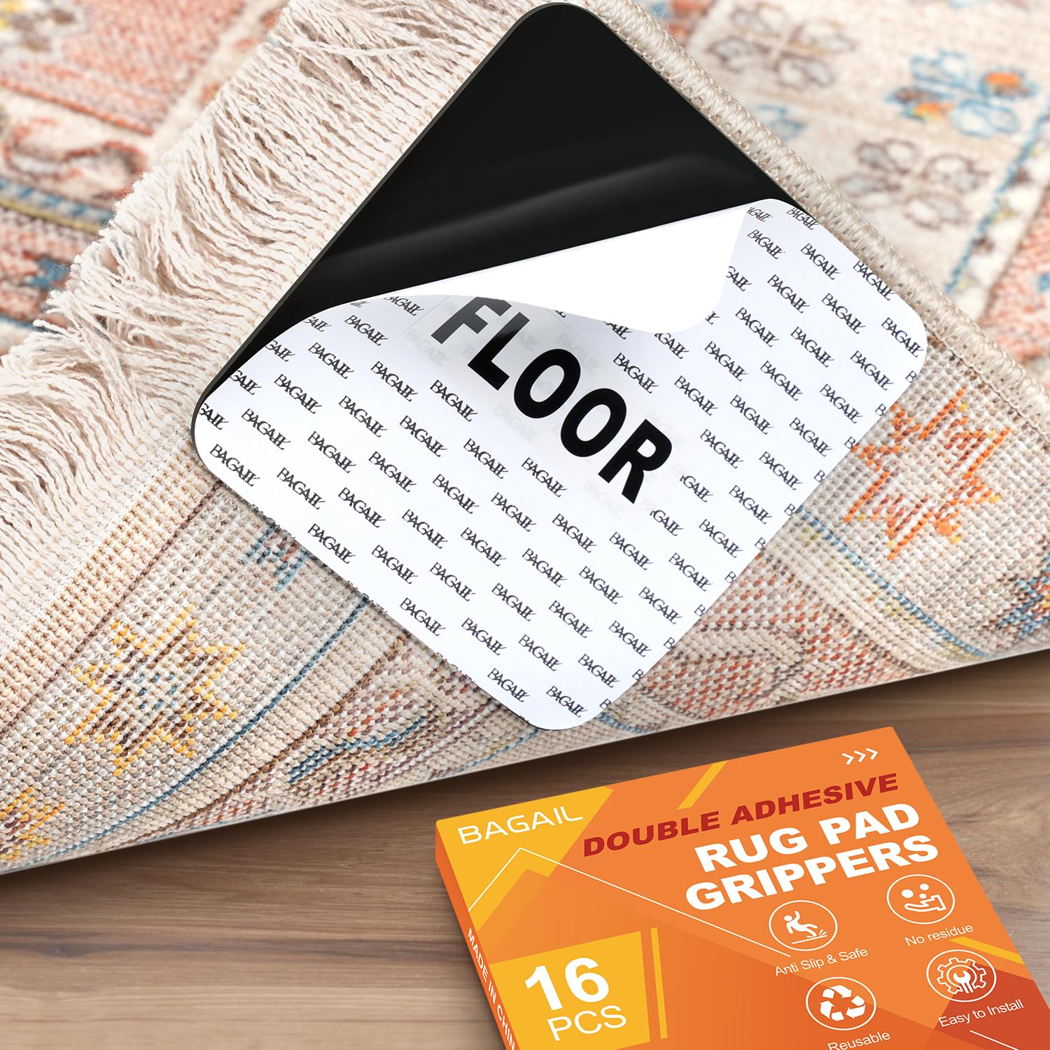 BAGAIL 16 Pcs Rug Gripper Pad, Non Slip Rug Corner Grippers for Hardwood Floors, Strong Adhesive Flexible Carpet Tape, Reusable Under Rug Stickers to Keep Rugs in Place