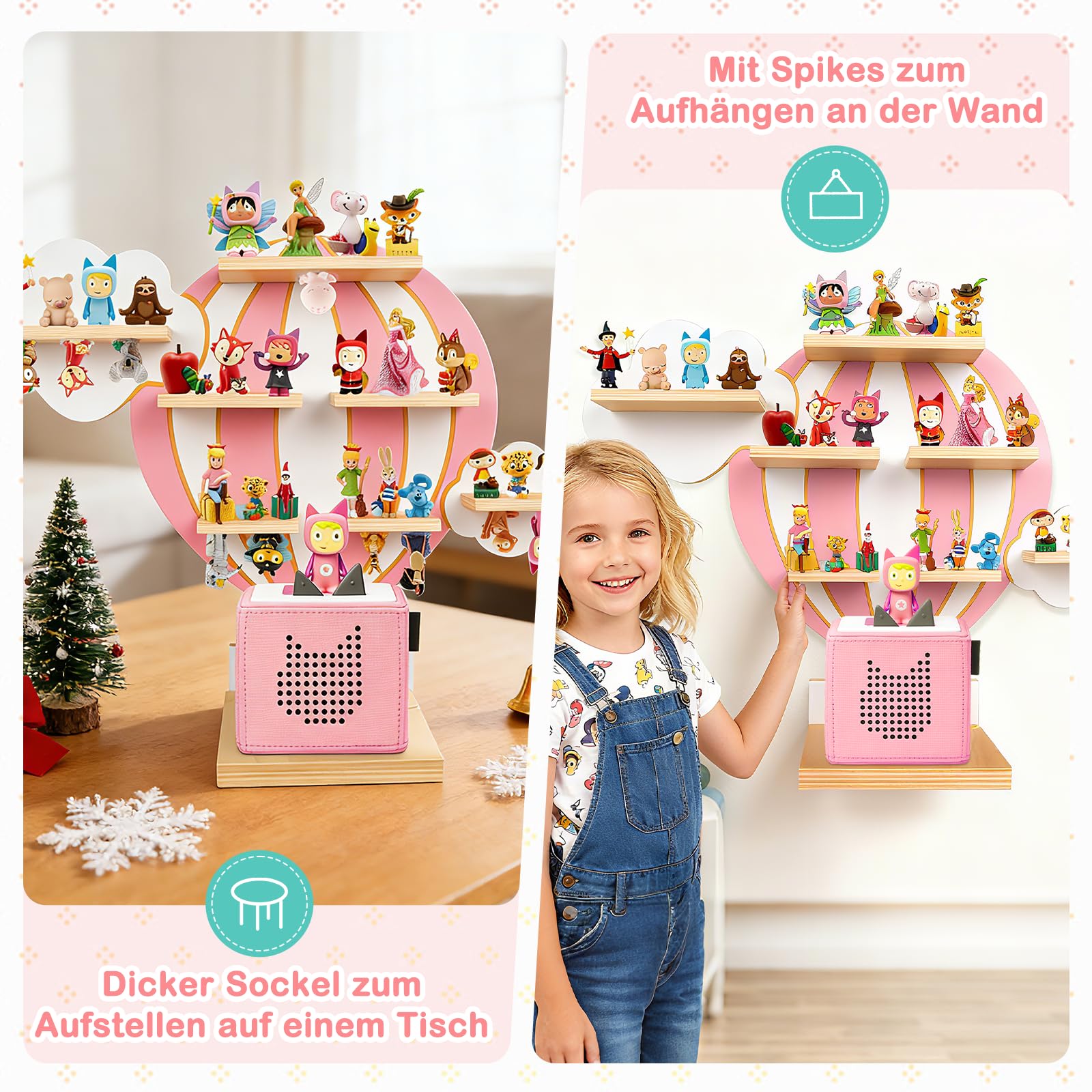 Tonie Regal Heißluftballon & Wolken, Wandregal Standregal für Toniebox & Figuren, Toniebox-Regal für Mädchen Jungen, Perfekte Aufbewahrung im Kinderzimmer, Zubehör für Toniebox 1 & 2 Starterset, Rosa