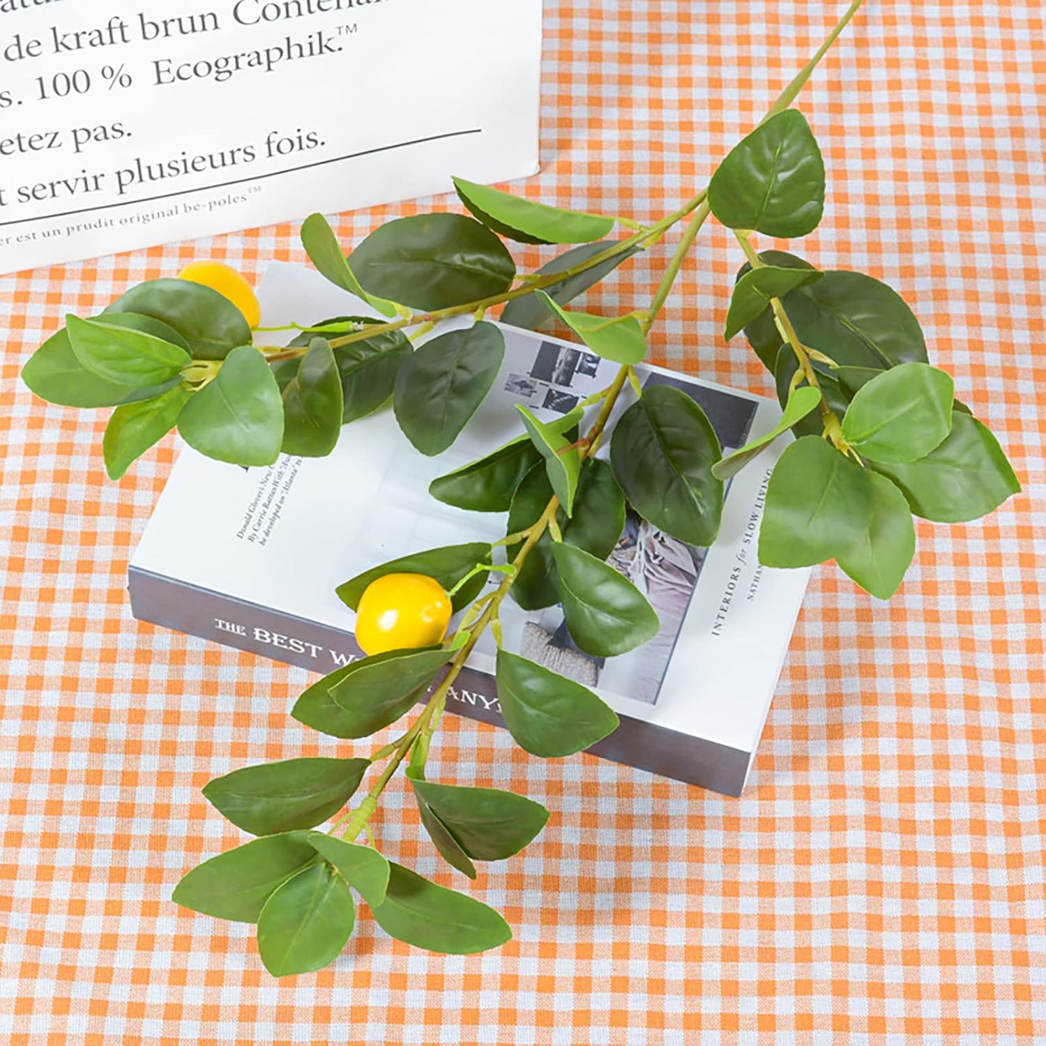 6PCS Artificial Lemon Branch, Yellow Fake Lemon Leaf Picks, Lemon Picks Spray with Green Leaves, Decorative Fruit Branch Photography Props for Home Kitchen Garden Wedding Party Table(65 cm/25.59 inch)