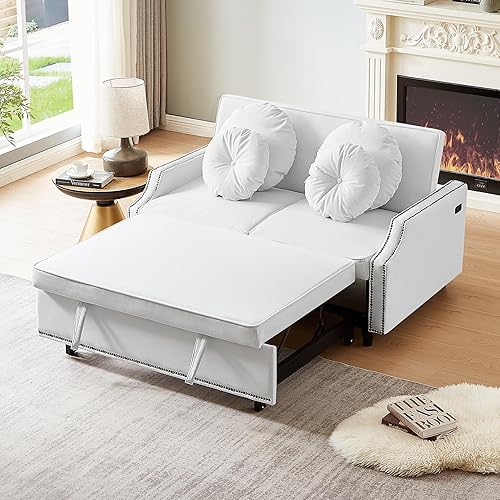 3-in-1 Convertible Sleeper Sofa Bed, 54.7" Loveseat Couch Pull Out Bed with USB Ports, Adjustable Backrest, 4 Floral Lumbar Pillows for Living Room, Small Apartment, Beige
