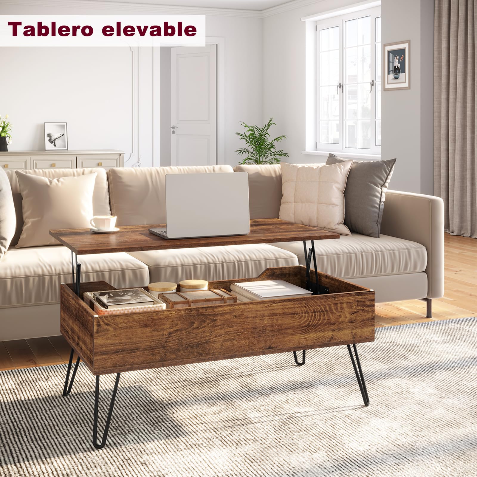 WOLTU Mesa de Centro Elevable y Extensible con Espacio Interno, Auxiliar con Patas Metálicas para Salón, 95x50x(40-55,5) cm, Madera Vintage, BTS18hov