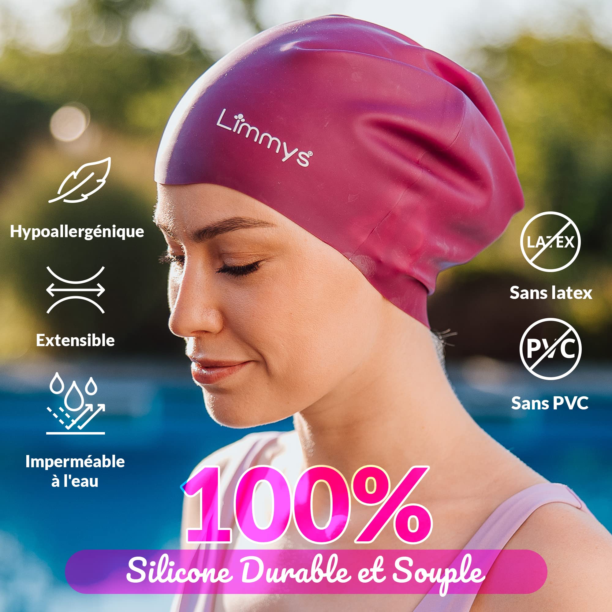 Limmys Bonnet de bain cheveux longs silicone extensible sans latex antidérapant
