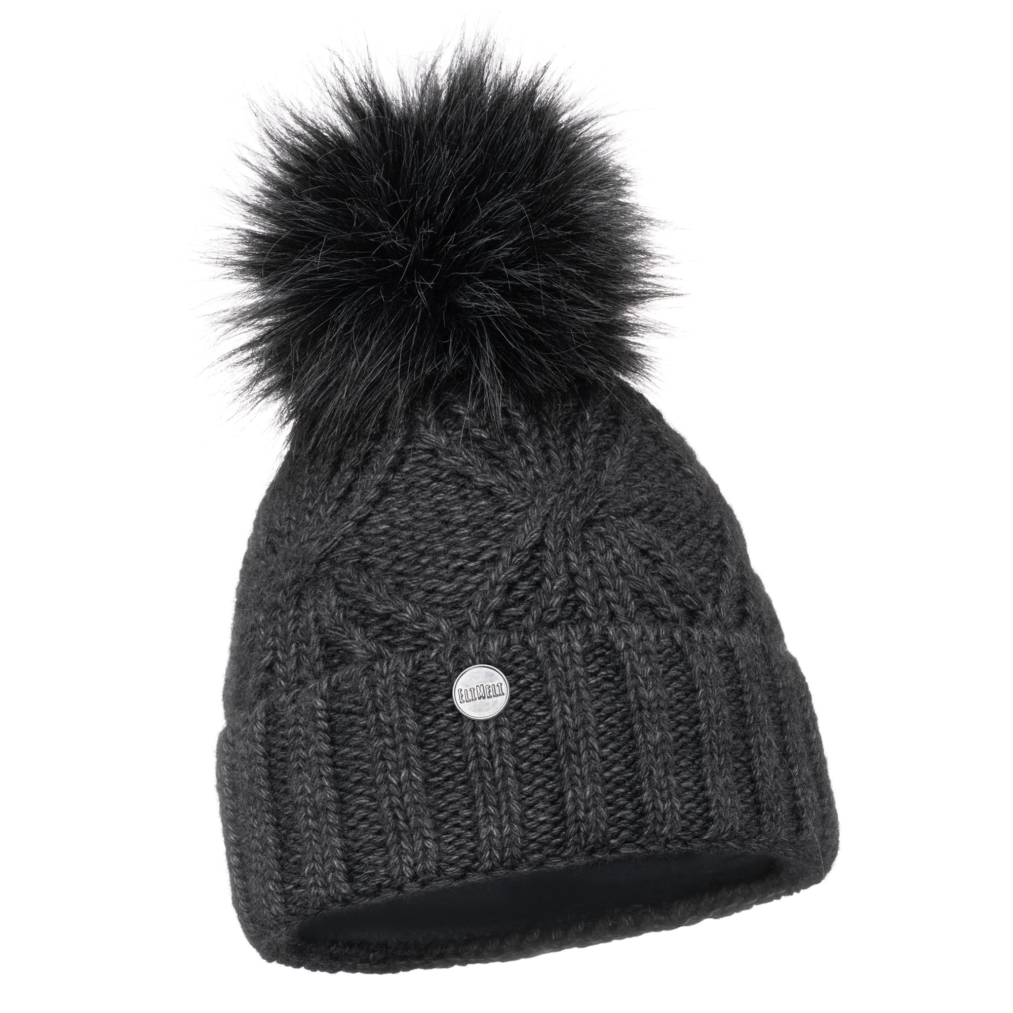 ELIMELI 19531 Bonnet d'hiver chaud en tricot avec pompon pour femme pour l'hiver Fabriqué dans l'UE Couleurs au choix, Gris foncé - Ensemble avec écharpe, taille unique