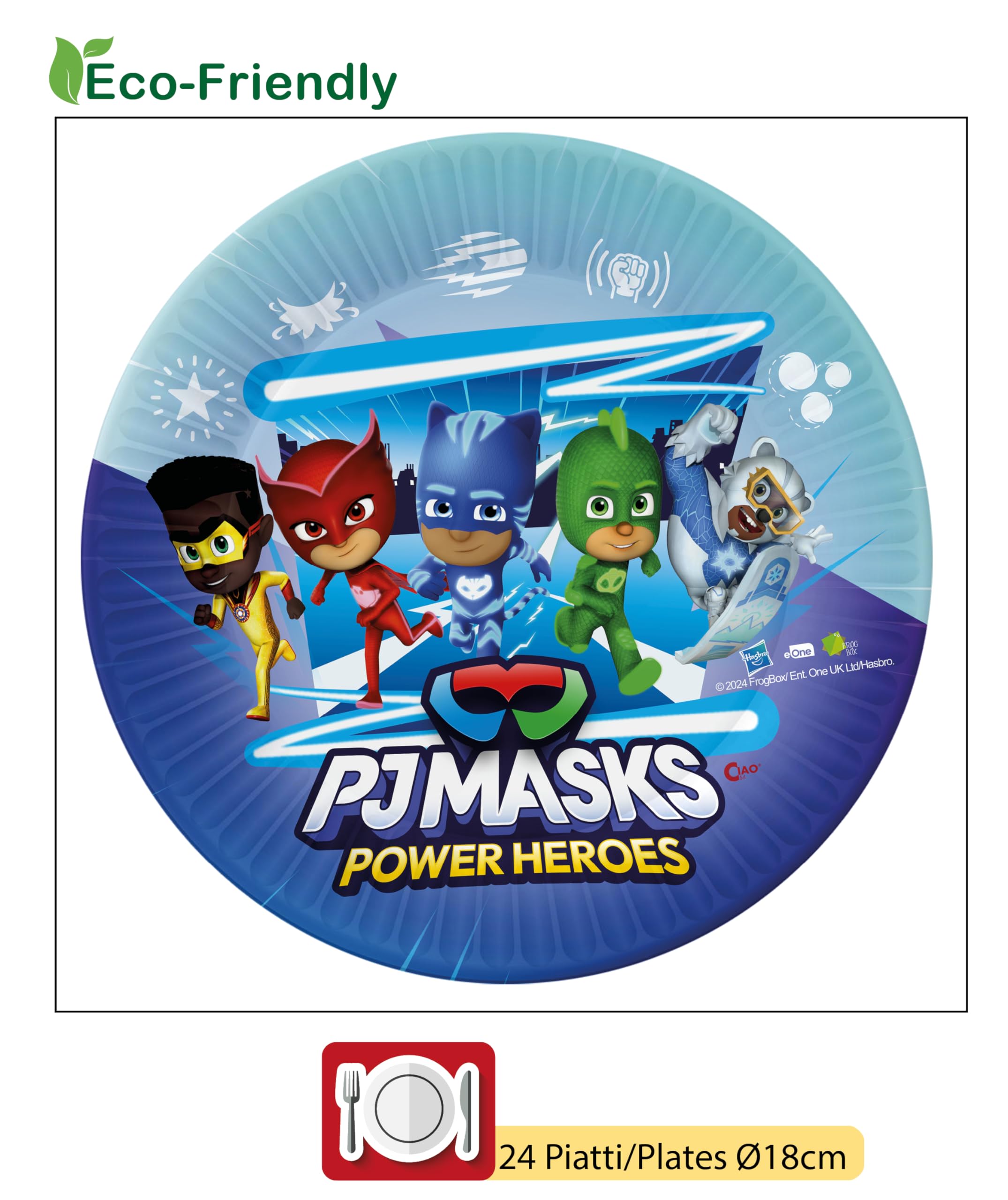 Kit Party Tavola PJ Masks per 24 persone (112 pezzi: 24 piatti Ø23cm, 24 piatti Ø18cm, 24 bicchieri 250ml, 40 tovaglioli 33x33cm) in carta compostabile eco-friendly