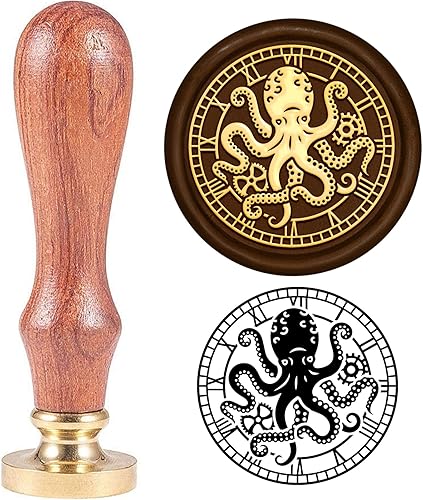 SUPERDANT Sello de cera de pulpo de 1.18 pulgadas, reloj con número romano, sello de sellado de letras vintage, cabeza de latón, mango de madera,