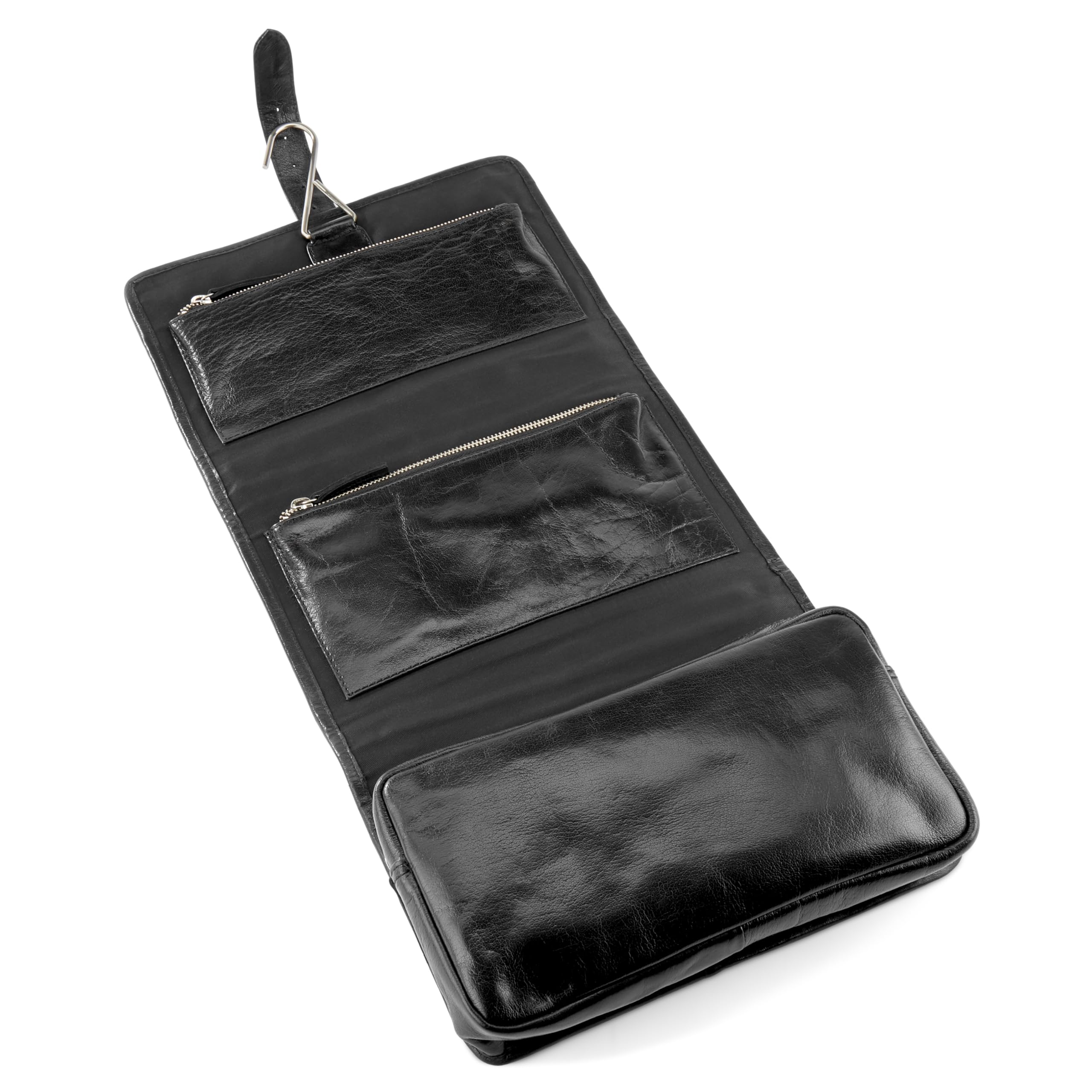 Lucleon by Trendhim - Neceser colgante de piel para hombre, espacioso neceser de piel auténtica con acabado de anilina y forro de algodón, gancho para colgar, elegante diseño danés para viajes, Black