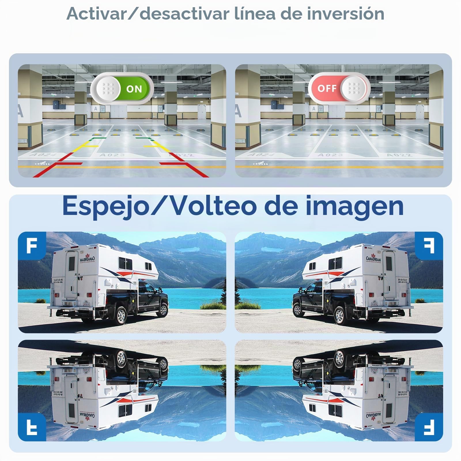 Camara Marcha Atras, 2 Cámaras Visión Trasera Inalámbrica Gran Angular con Visión Nocturna Impermeable Cámara Trasera Coche, Kit de Monitor 7 Pulgadas para Camiones, Furgonetas, Vehículos Remolque