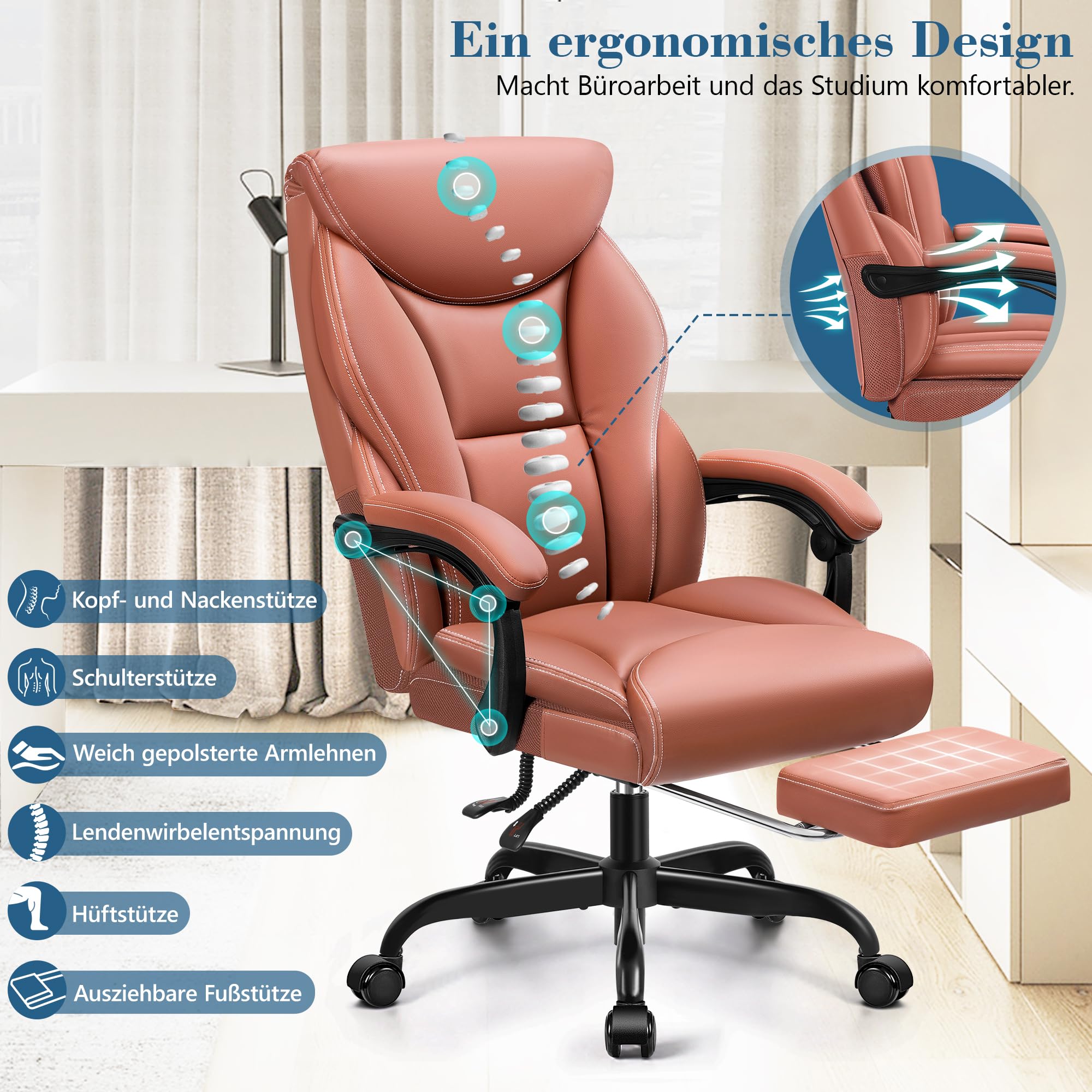 FelixKing Sedia da ufficio ergonomica in pelle PU, schienale alto, sedia da computer inclinabile con poggiapiedi, supporto lombare, regolabile in altezza (marrone opaco)