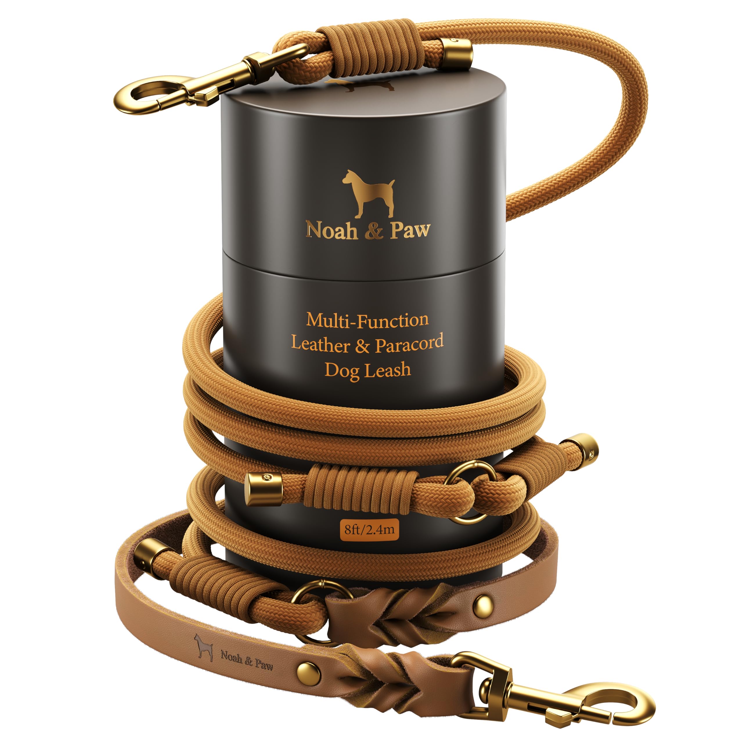 NOAH & PAW Hands Free Dog Leash, Oil-Waxed Leather & Heavy-Duty Paracord, 8 ft, Long Dog Leash with 6 Ways to Use (Ideal for Cats, Small, Medium & Large Dogs) Matching Collar Available. (Camel)