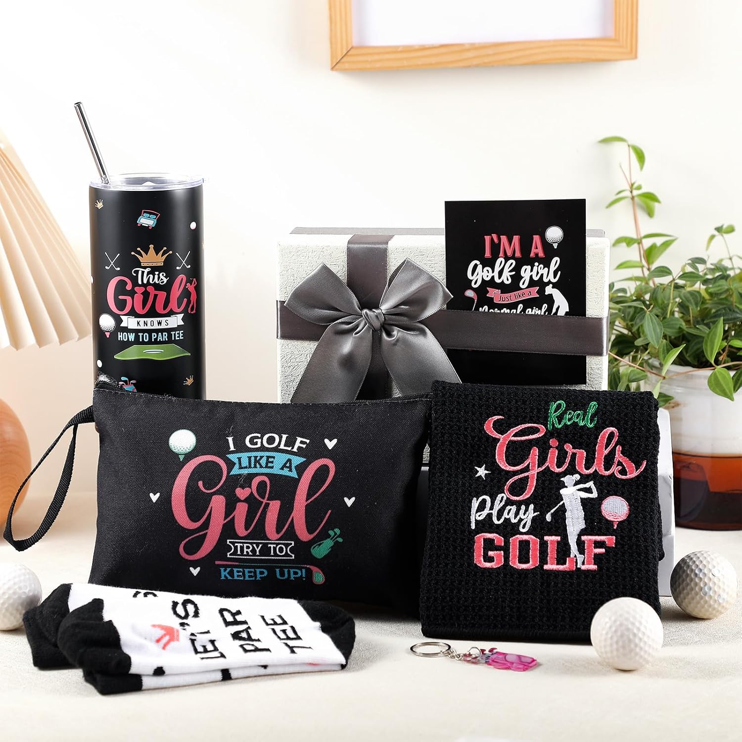 Geiserailie 7 Pcs Golf Gifts for Women Girls with 16oz Tumbler Makeup Bag Socks Towel Keychain Card Box for Golfer Lover Player Coach Graduation Mother's Day Birthday Gifts - Image 4