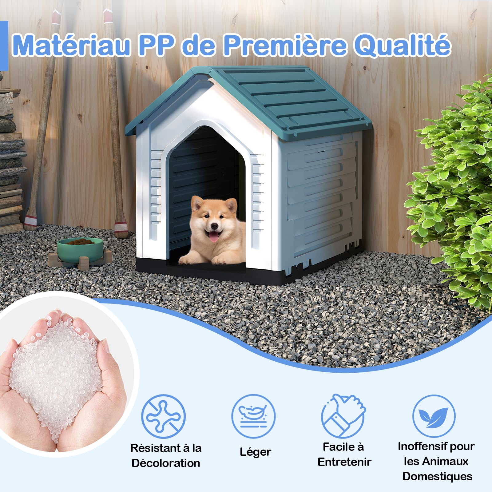 GYMAX Niche pour Chien avec Porte Métallique Verrouillable, Toit Incliné Anti-Accumulation d'eau, Bonne Ventilation, Abri en Plastique pour Animaux Convient pour Intérieur et Extérieur (Bleu)
