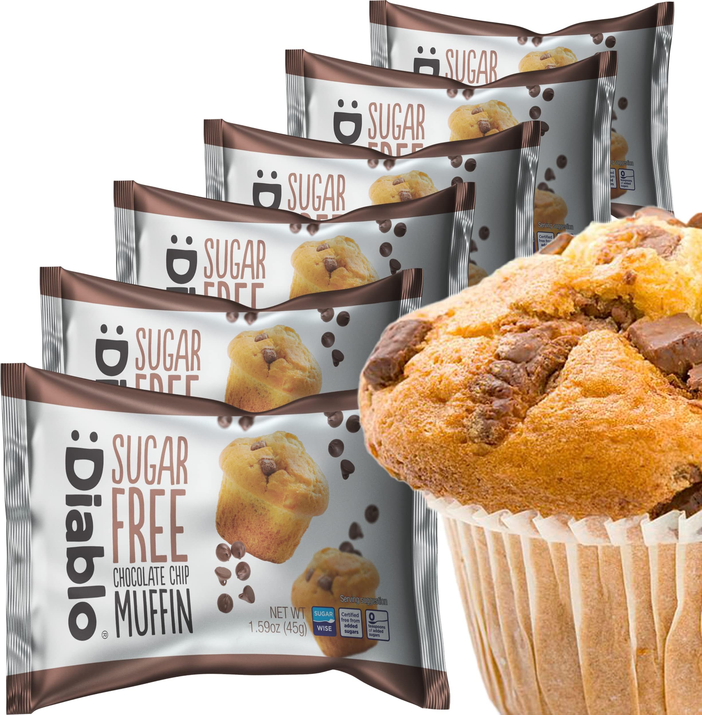 Diablo Sugar Free Chocolate Chip Muffin Cupcake - Sweetened with Maltitol, Halal & Kosher Approved, Sugar Free Snacks - Perfect for Gifting, Birthdays, Special Occasions - 45g Each, Pack of 6