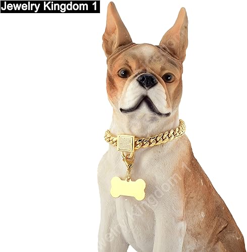 Miniatura 5 de Collar de cadena de perro dorado con hebilla segura con piedras de circonita cúbica hielo y etiqueta de perro de 18 quilates de metal inoxidable