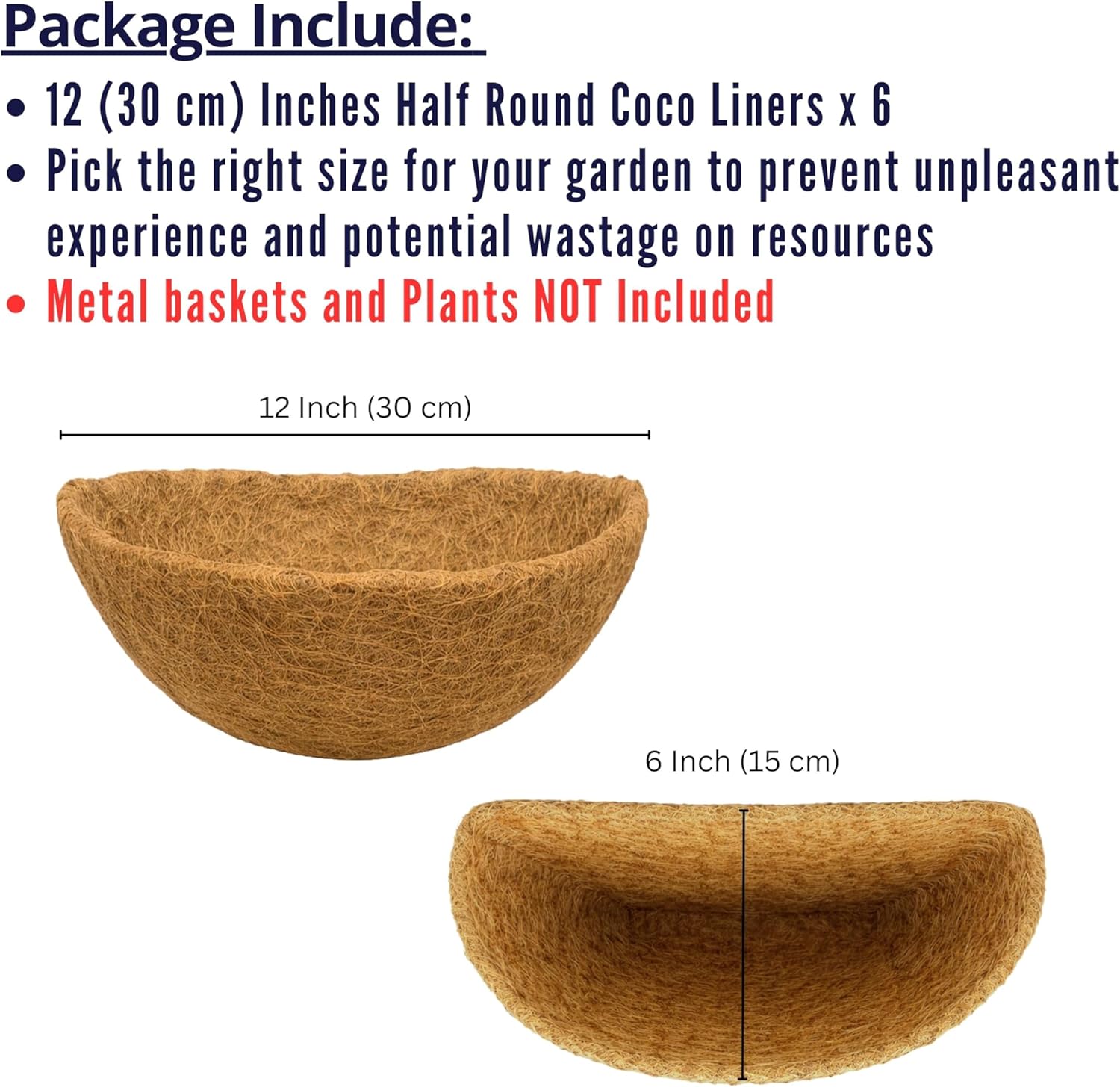 LaLaGreen 12" (6 Pack, Half Round) Coco Liners for Wall Hanging Planter – Small Coir Fiber Husk Replacement for Window Box, Pot, Garden Holder Basket-Also Available in 10/14/16’’ & Different Shapes