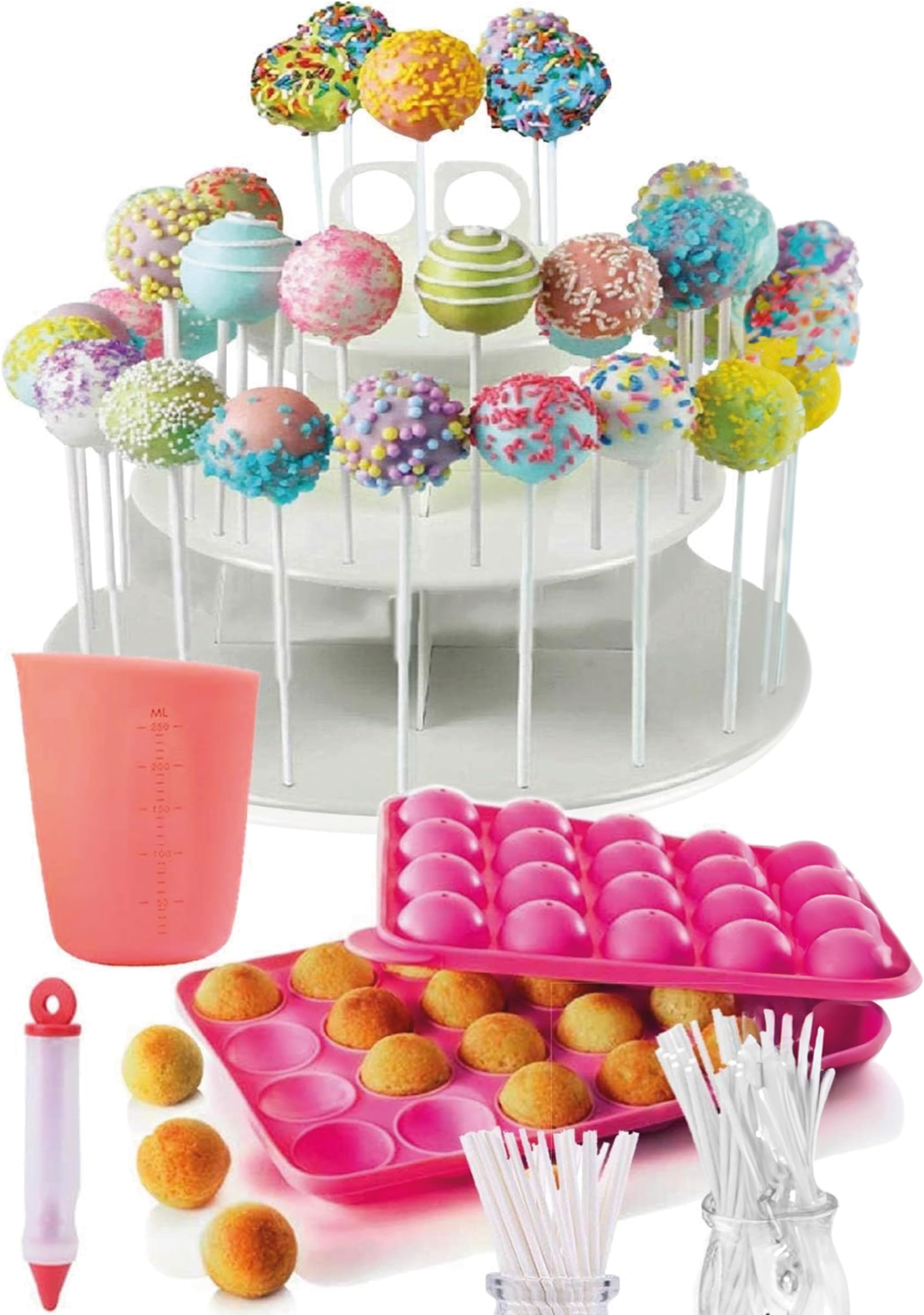 APRON HEROES- Complete Cake Pop Maker Kit, Nonstick, Silicone, Cake Pop Maker, Cake Pop Kit, with, Cake Pop Stand Holder, Cake Pop Molds, 120 Lollipop Sticks, Melting Pot, Decorating Pen, & Twist Ties