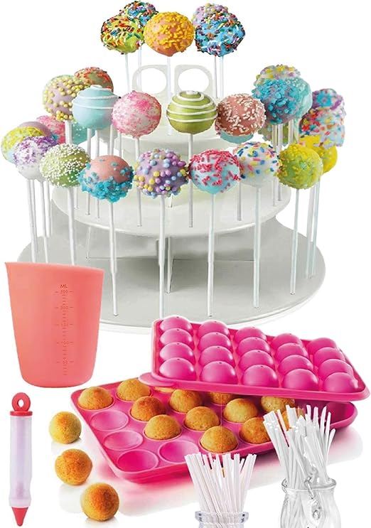 APRON HEROES- Complete Cake Pop Maker Kit, Nonstick, Silicone, Cake Pop Maker, Cake Pop Kit, with, Cake Pop Stand Holder, Cake Pop Molds, 120 Lollipop Sticks, Melting Pot, Decorating Pen, & Twist Ties