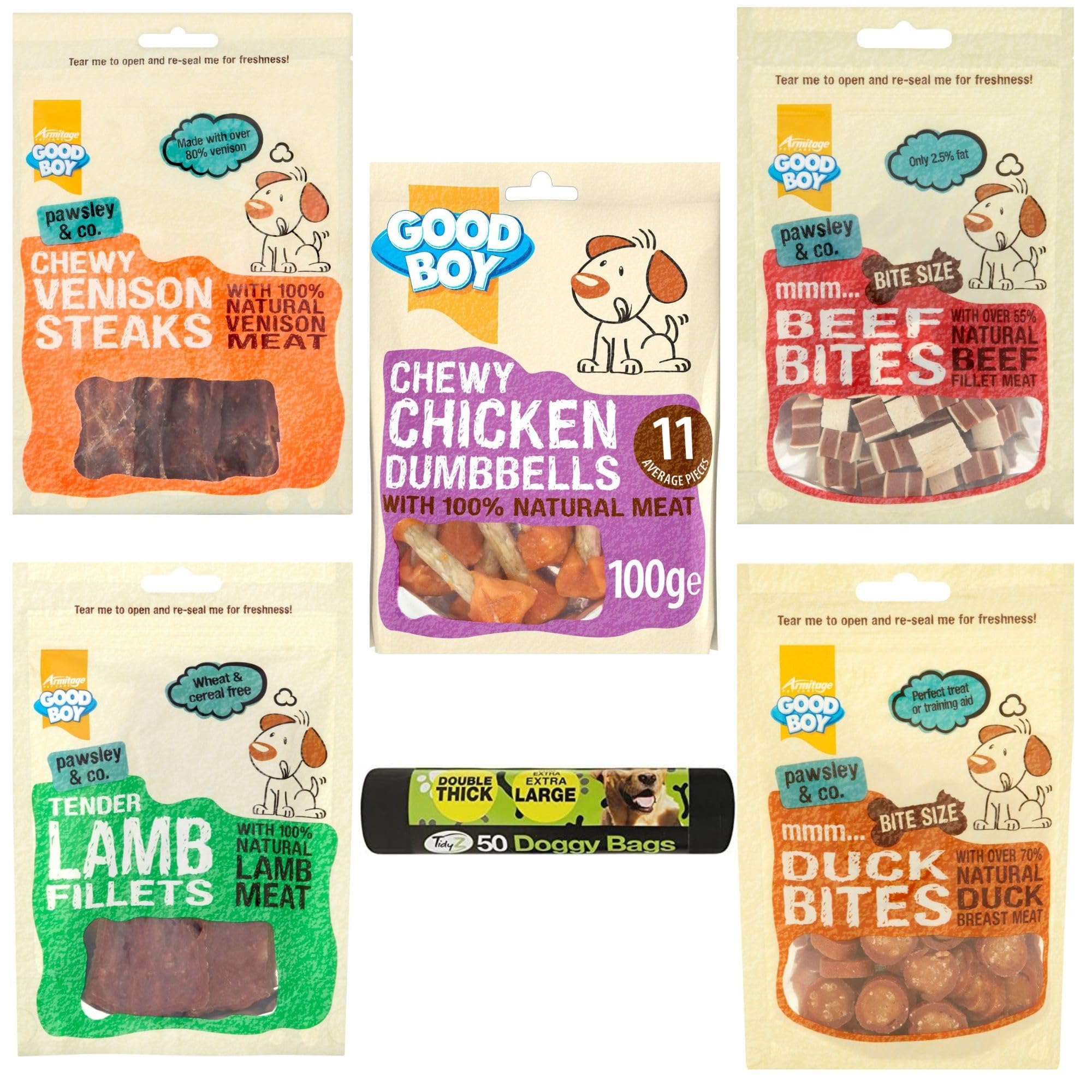Variety pack dog chews.Great puppy treats.These good boy dog treats have 5 different succulent flavours, excellent for dog training needs.These Pet munchies come in easy to open dog treat bag.
