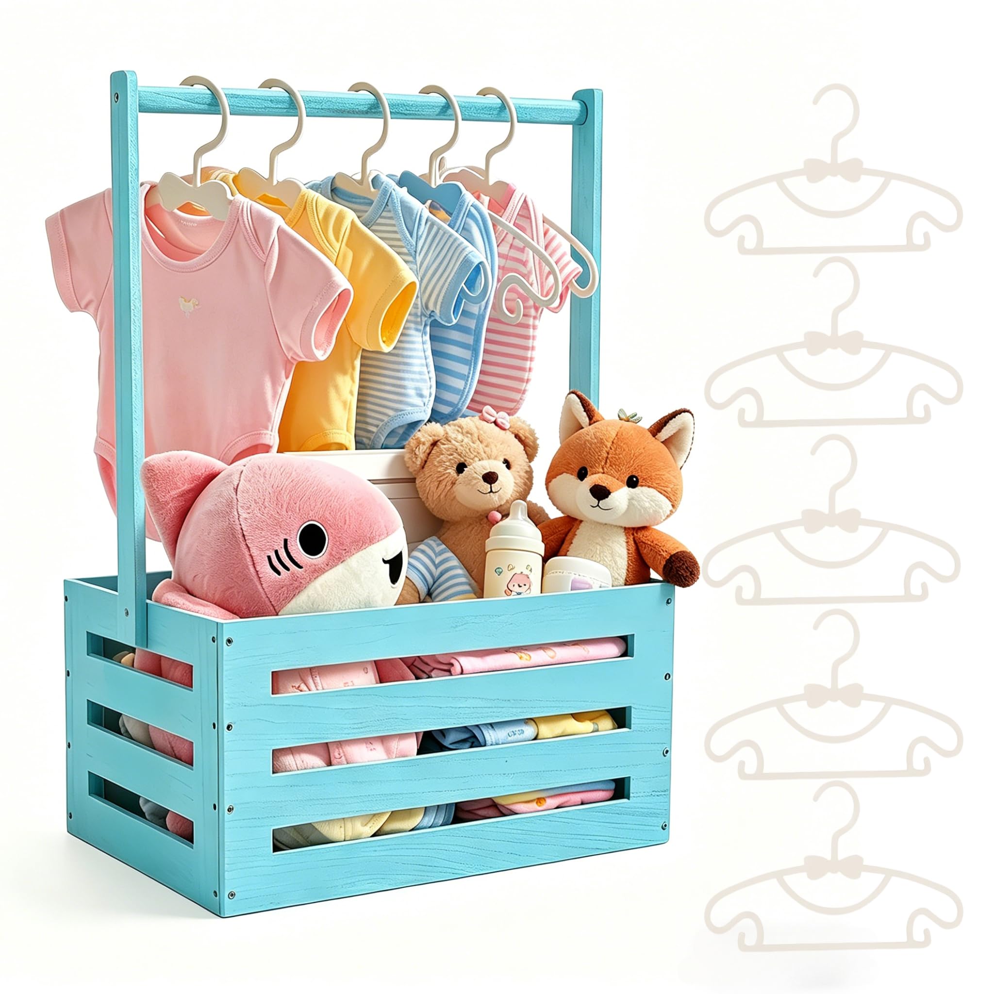 XQLY Wooden Shower Crate Closet with Handle, Wood Basket with 5 Hangers, Easy Assemble Sturdy Storage Box for Shower Party Gender Reveal, Ideal Gift for New Parent (Blue)