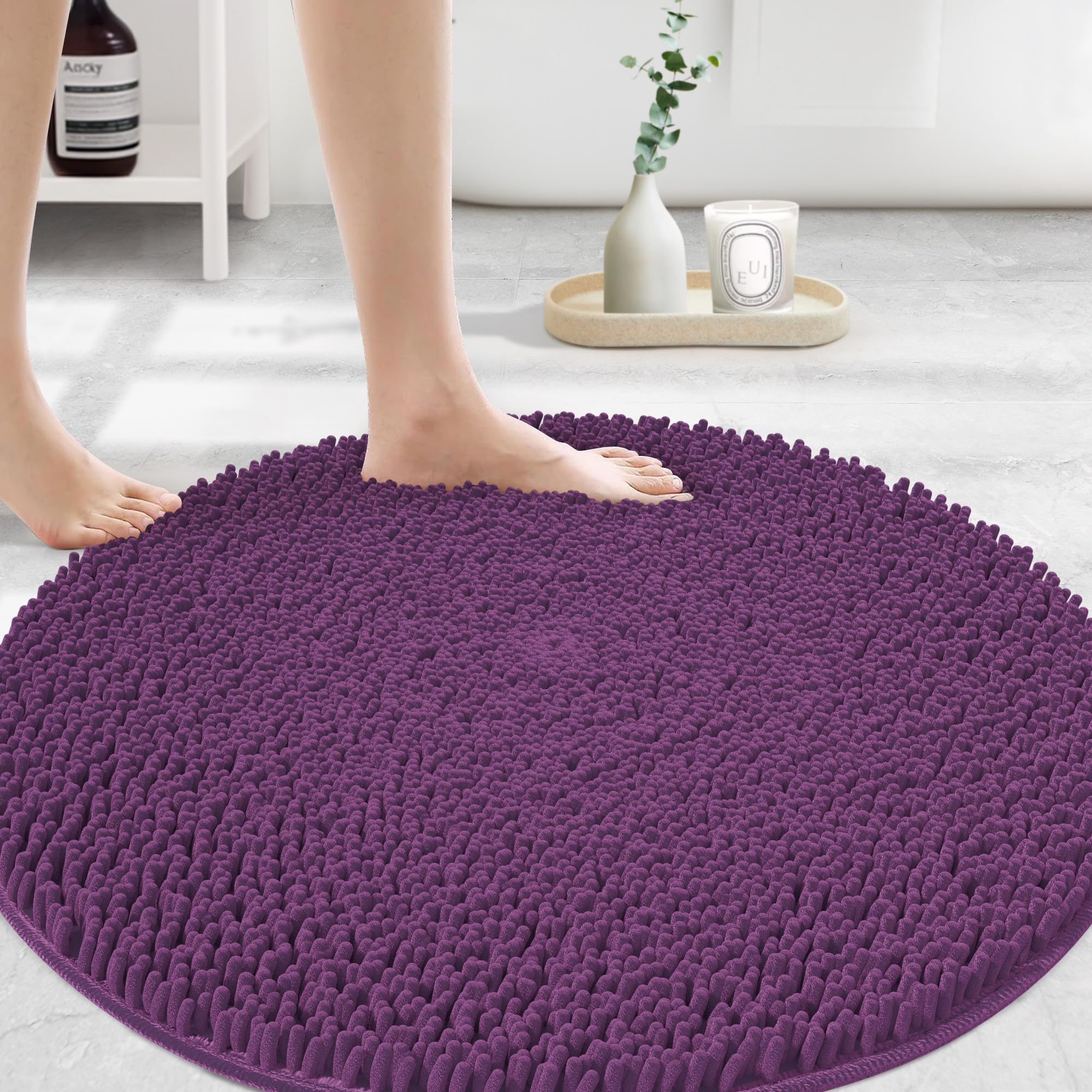 MAYSHINE Round Area Rug Set for Bathroom | Soft Plush Chenille Bath Mat, Water Absorbent Non-Slip Bathroom Rug | Washable Shag Carpet for Shower, Bedroom, or Home Décor | 36"x36" (Round) | Plum